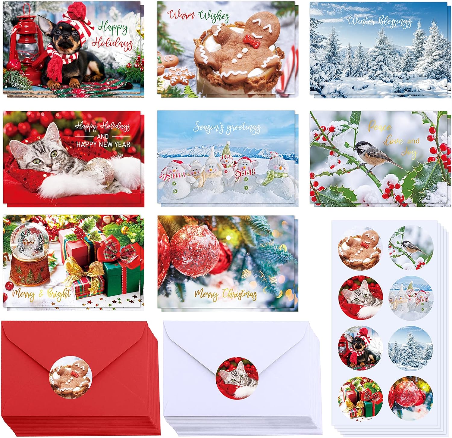 Winlyn 120 Sets Christmas Cards Holiday Cards with Envelopes Stickers Assortment Bulk 6 Designs of Gold Foil Merry Christmas Cards Blank Winter Snowmen Holiday Greeting Cards for Xmas Season Festival