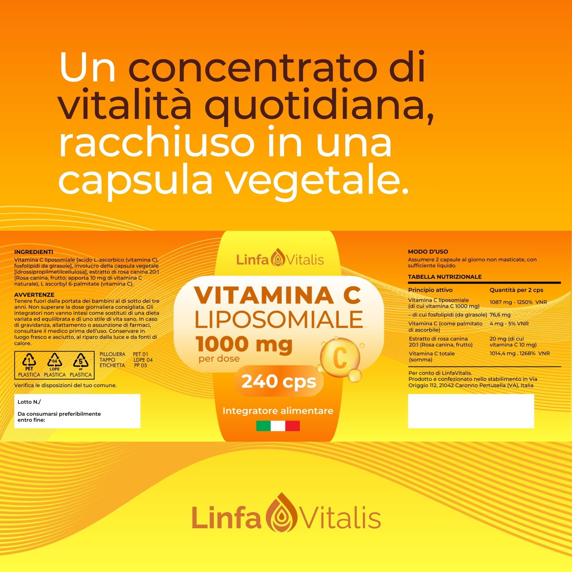 Vitamina C Liposomiale 1000mg Alto Dosaggio 240Cps Vegane (4 Mesi) - Contribuisce alla Riduzione della Stanchezza e Protezione dallo Stress Ossidativo