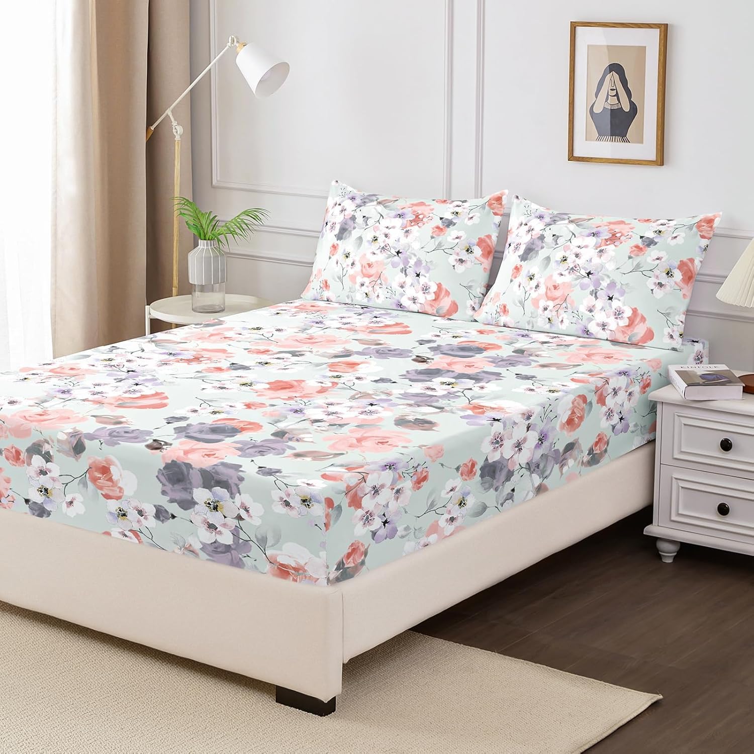 Floral Fitted Sheet with Pillow Cases, 100% Brushed Microfibre Deep Pocket Fitted Bottom Sheet, Ultra Soft, Shrinkage and Fade Resistant, Queen Size