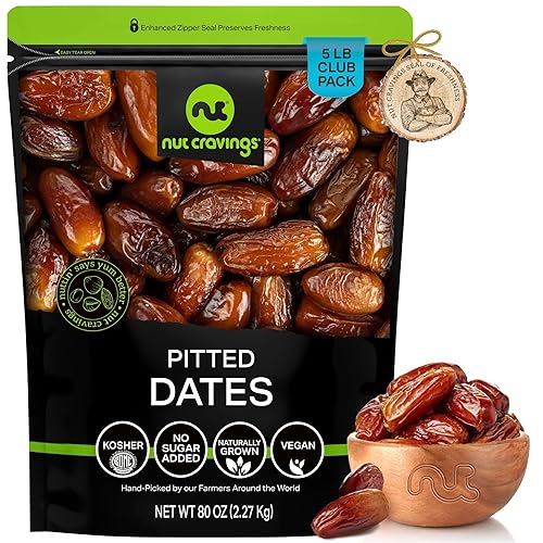 Deglet Noor Dates deshuesado, sin azúcar añadido (80 oz - 5 libras) envasado fresco en una bolsa resellable, fruta dulce deshidratada, aperitivo,