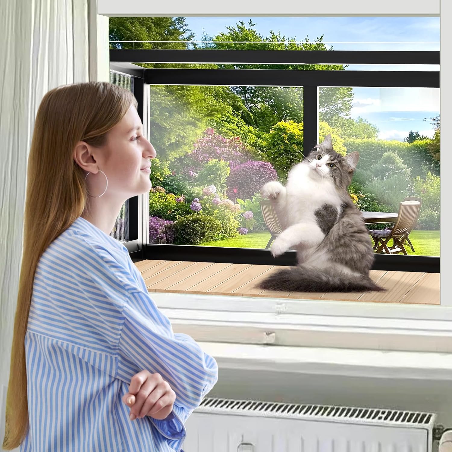 Cat Window Box Catio Outdoor Cat Enclosure Perch with Bug Proof Wire Mesh Window Catio Side Door for Cats Sunbathing, Napping, Overlooking