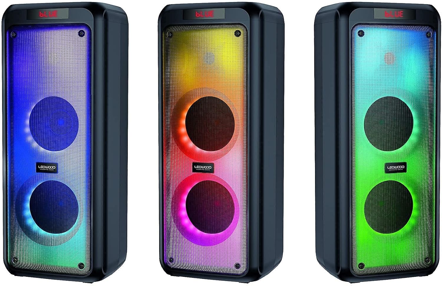 Three Ledwood Drop 400 speakers displaying different LED light colors