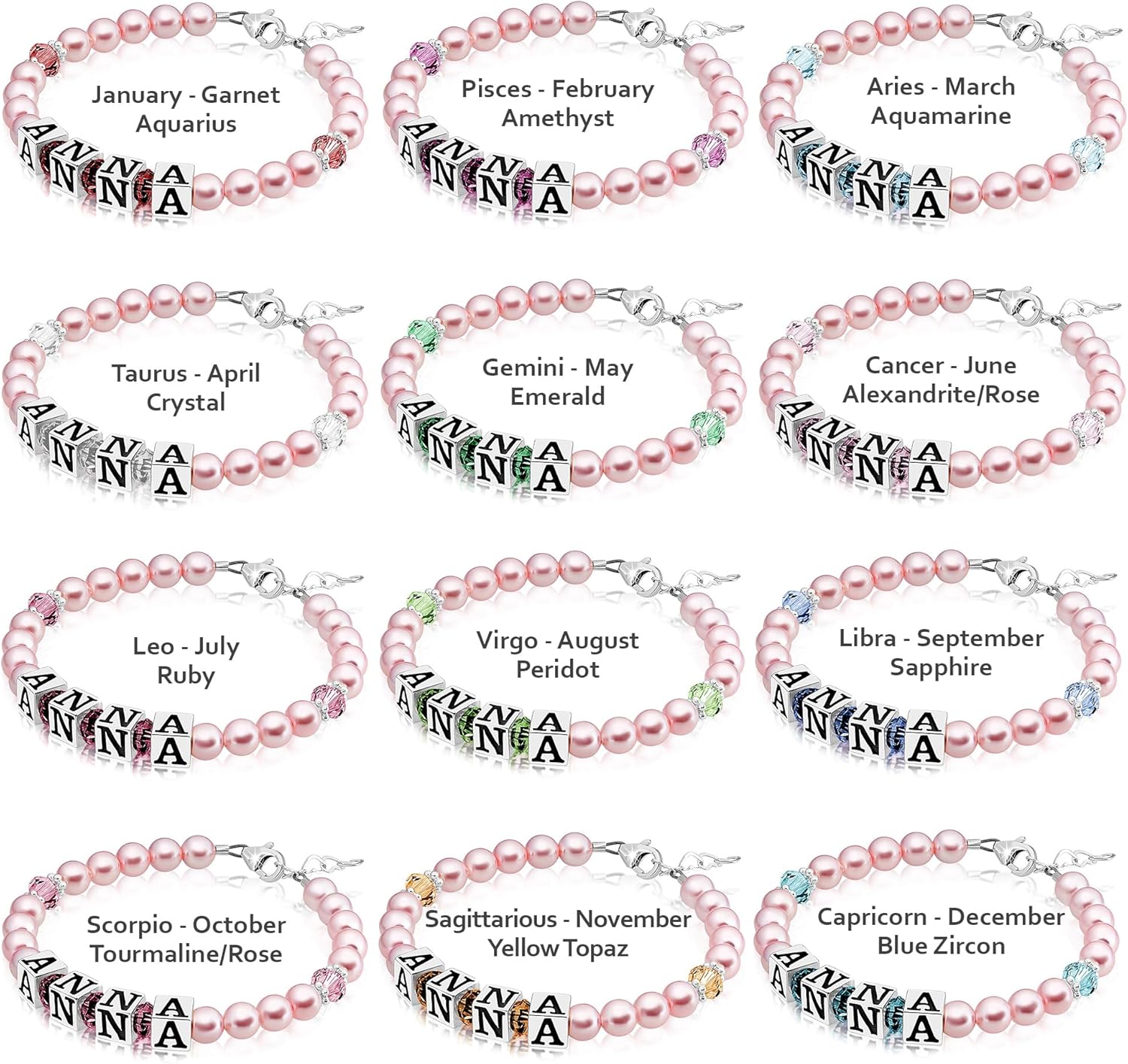 Baby Crystals Personalized Name Bracelet for Girls – Sterling Silver Pearl Charm Bracelet with Birthstone Crystals – Newborn, Infant, Toddler, Teen, Mommy & Me Jewelry – Baptism & Birthday Gift