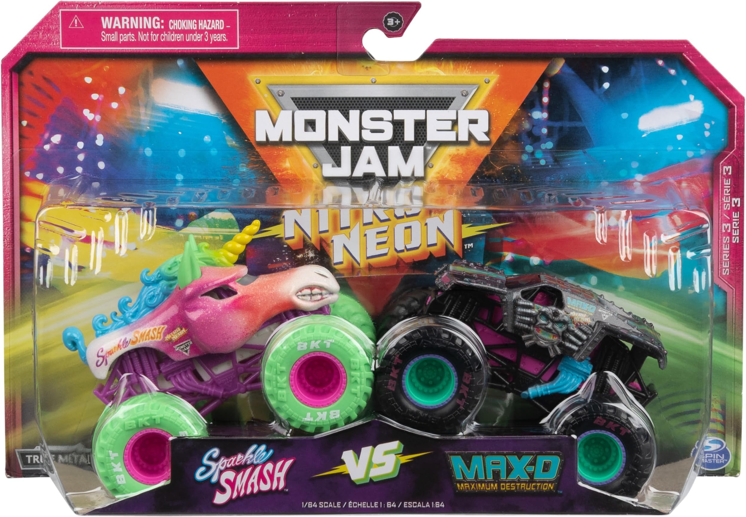 Official Nitro Neon, Sparkle Smash Vs. Max-D, 1:64 Scale Die-Cast Monster Trucks, Kids Toys for Boys Ages 3 and up