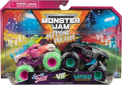 Monster Jam, Nitro Neon oficial, Sparkle Smash Vs. Max-D, escala 1:64, camiones monstruo fundidos, juguetes para niños a partir de 3 años