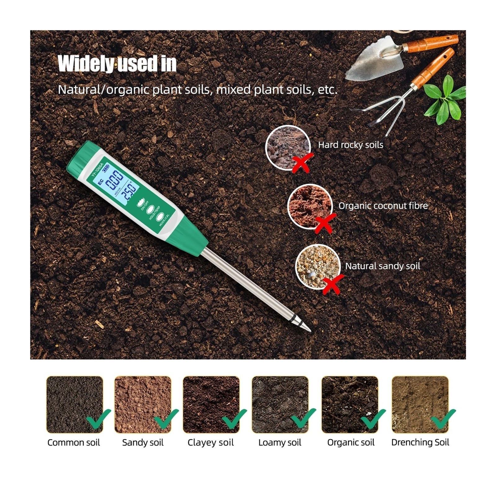 YY-1066A Misuratore di EC e contenuto idrico del suolo ad alta precisione for test sulle piante, giardinaggio, agricoltura, sensore pH umidità Giardinaggio, Agricoltura