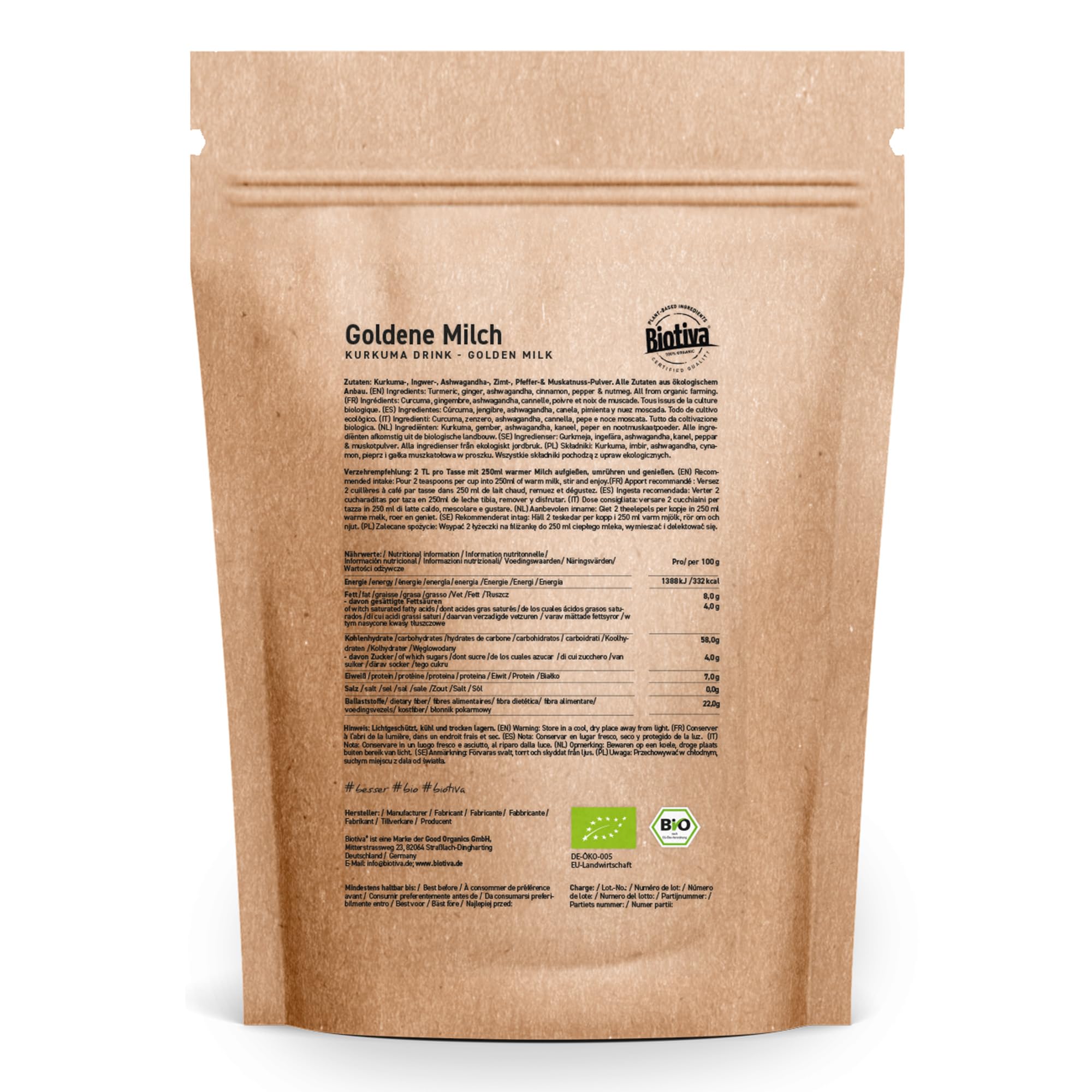 Latte alla curcuma bio Golden Milk Organic 100g | miscela di spezie ayurvediche | polvere | curcuma, zenzero, noce moscata, cannella e pepe | controllata e imbottigliata in Germania. | Biotiva