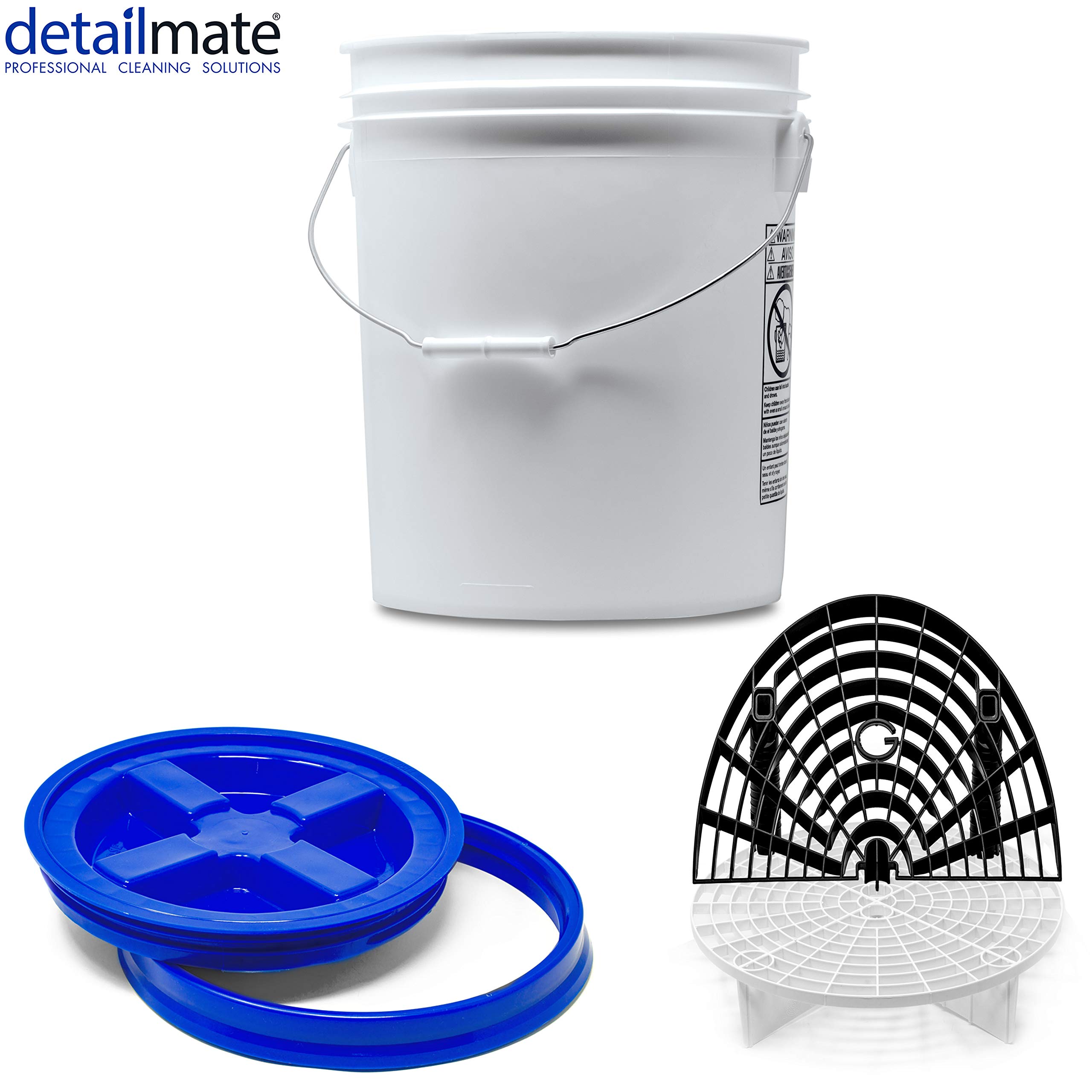 Detailmate professionelles Wasch Eimer Set: Magic Bucket Wascheimer 5 GAL (ca. 20 Liter), Gamma Seal Eimerdeckel blau, GritGuard Schmutz Einsatz weiß, GritGuard Washboard schwarz