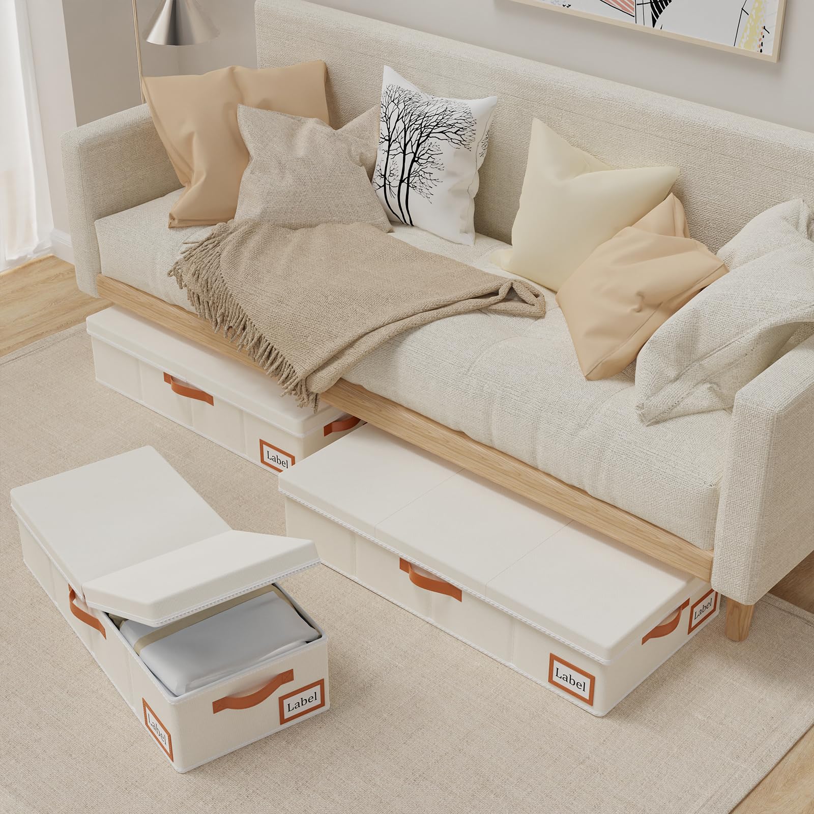 Yawinhe 2 Pezzi Contenitore Sottoletto,Sacchi Portaoggetti Pieghevole Sotto il Letto con coperchio e Maniglie,Utilizzato per Riporre Vestiti, Trapunte, Coperte, 60x30x15cm,Beige