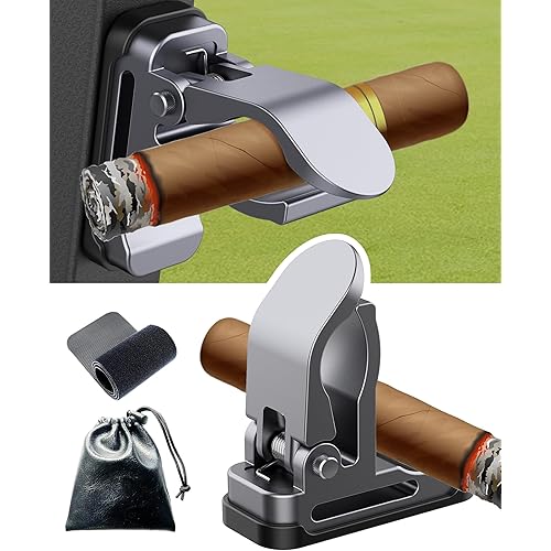Magnetic Cigar Holder for Golf Cart, Universal Cigar Clip with Strong Four Magnet and Anti-Slip Silicone Back No Scratch, Loop Strap and Storage Bag Gift for Golfers Grey