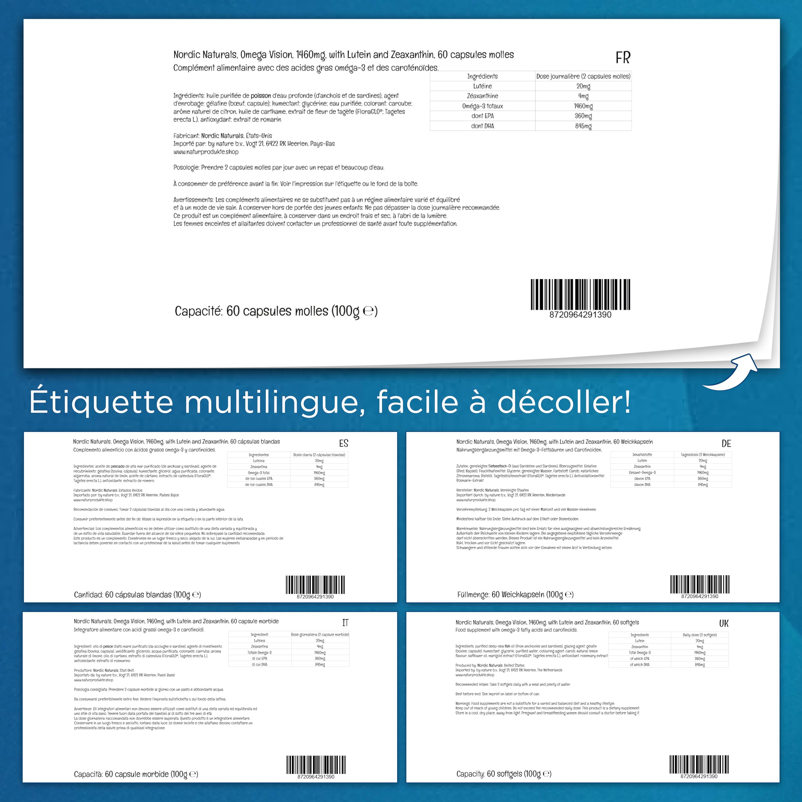 Nordic Naturals, Omega Vision, 1460mg d'Oméga-3, avec Lutéine et Zéaxanthine, Haute Dosé, Goût Citron, 60 Capsules molles, Sans Soja, Sans Gluten, Sans OGM