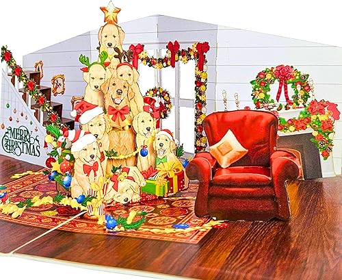By 22CRAFT - Tarjetas de Navidad desplegables, tarjeta de felicitación de Navidad dorada 3D, tarjeta desplegable de perro de 6 x 8 pulgadas para
