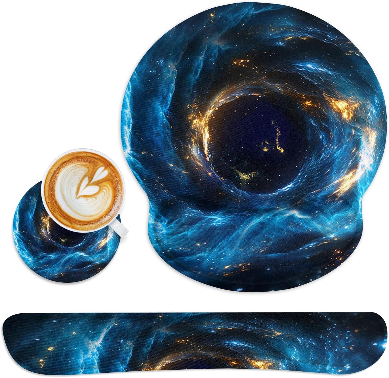 Britimes Blue Black Galaxy Space Ergonomic Mouse Pad Set with Wrist Rest Non-Slip Rubber Base Wrist Cushion Support and Coasters Mousepad with Wrist Support for Computer Keyboard and Desk