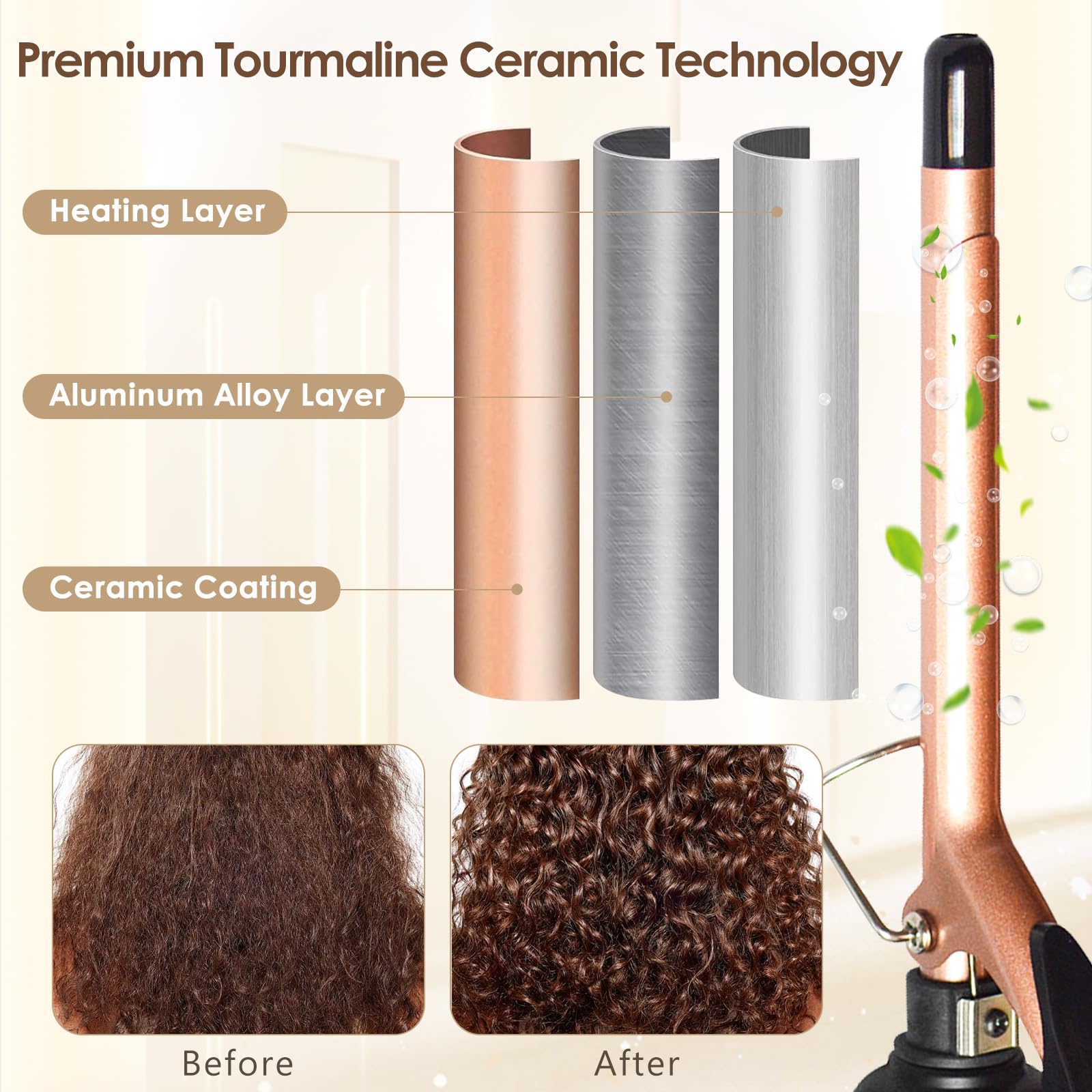 HyAdierTech Arricciacapelli, Ferro Capelli con Rivestimento in Ceramica, 9 mm Curve Thin Wand con Scelta di Temperature 80 ℃ - 230 ℃, Ferro Arricciacapelli a Riscaldamento Rapido, per Ricci Stretti