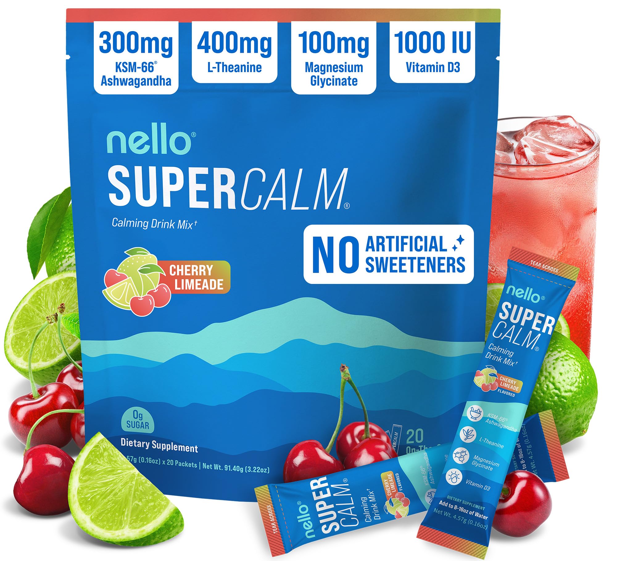Nello Supercalm Powdered Drink Mix, Cortisol Reducer* and Sleep Aid Supplement, L Theanine, Ksm-66 Ashwagandha, Magnesium Glycinate, Vitamin D 3, No Sugar, Non GMO, On The Go, 20 Ct, Cherry Limeade
