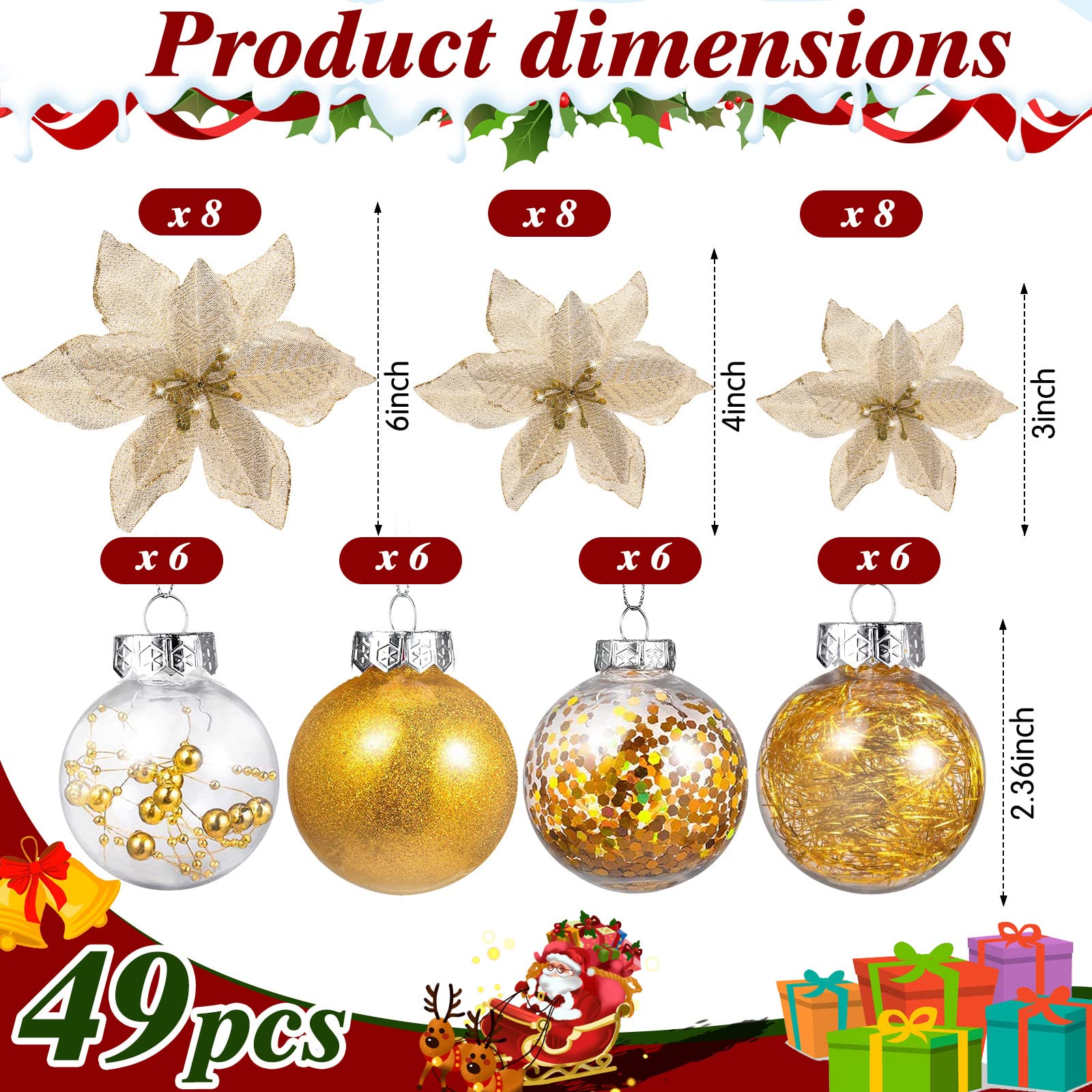 49 Pcs Christmas Tree Decoration Set Include Christmas Tree Topper, 24 Pcs Glitter Christmas Flowers 3 Sizes, 24 Pcs 2.36 Inch Christmas Ball Ornaments for Tree Holiday Party Decorations (Gold)