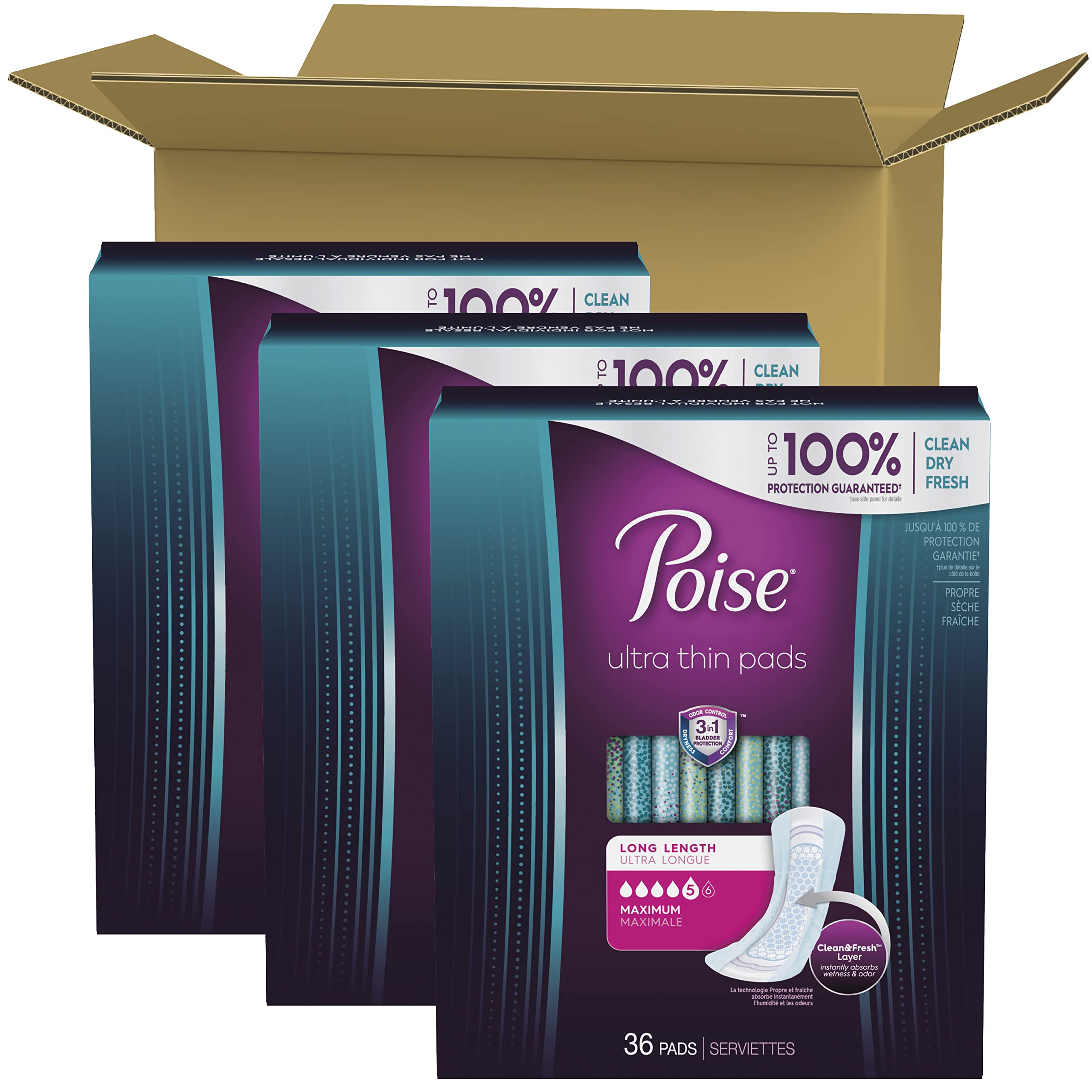 Poise Ultra Thin Incontinence Pads, Maximum Absorbency, Long Length, Bladder Control Pads, 108 Count (3 Packs of 36)