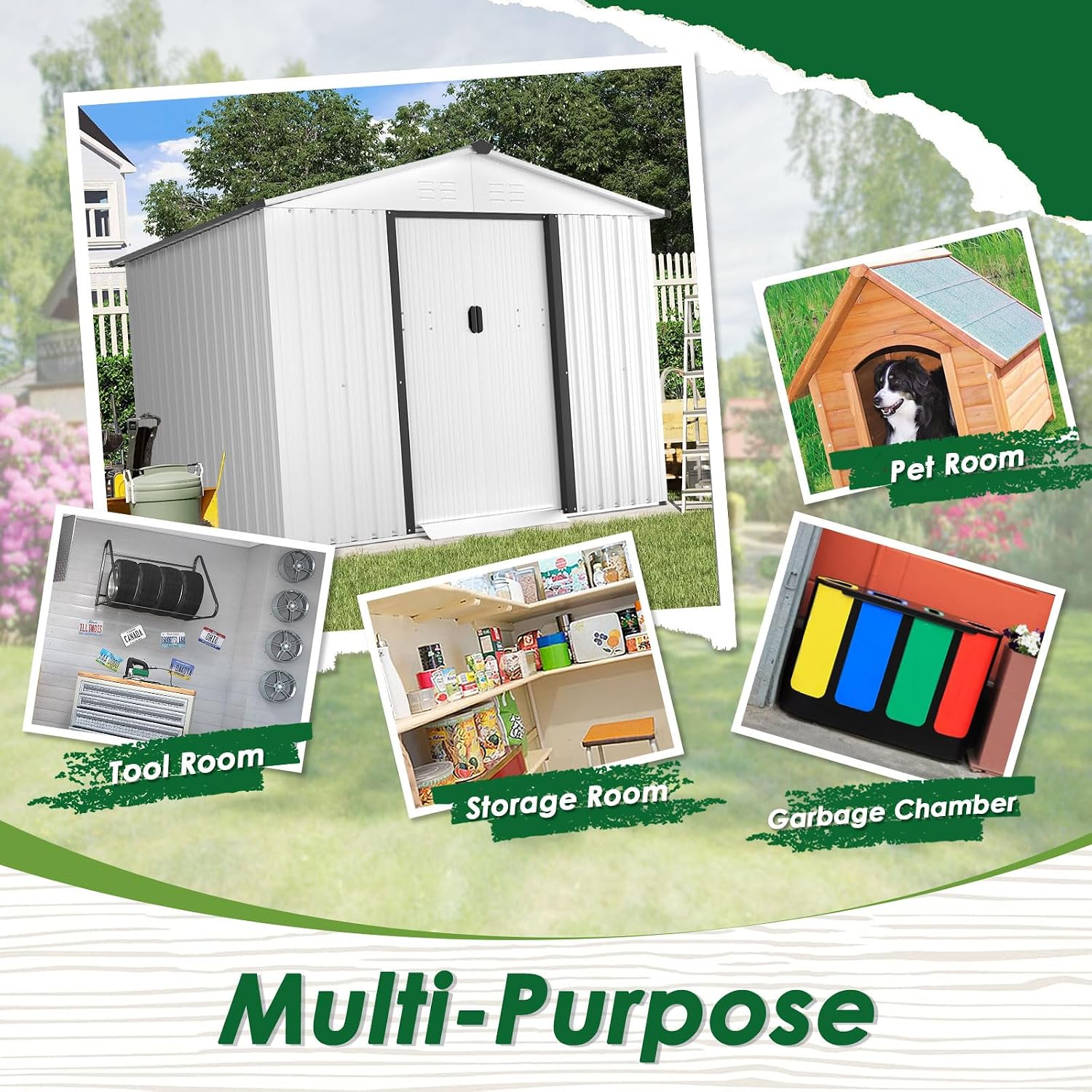 Outdoor Vented Backyard Garden Storage Shed 6X8 Feet Tool House with Sliding Door Outdoor Lawn Steel Roof Sheds (White)