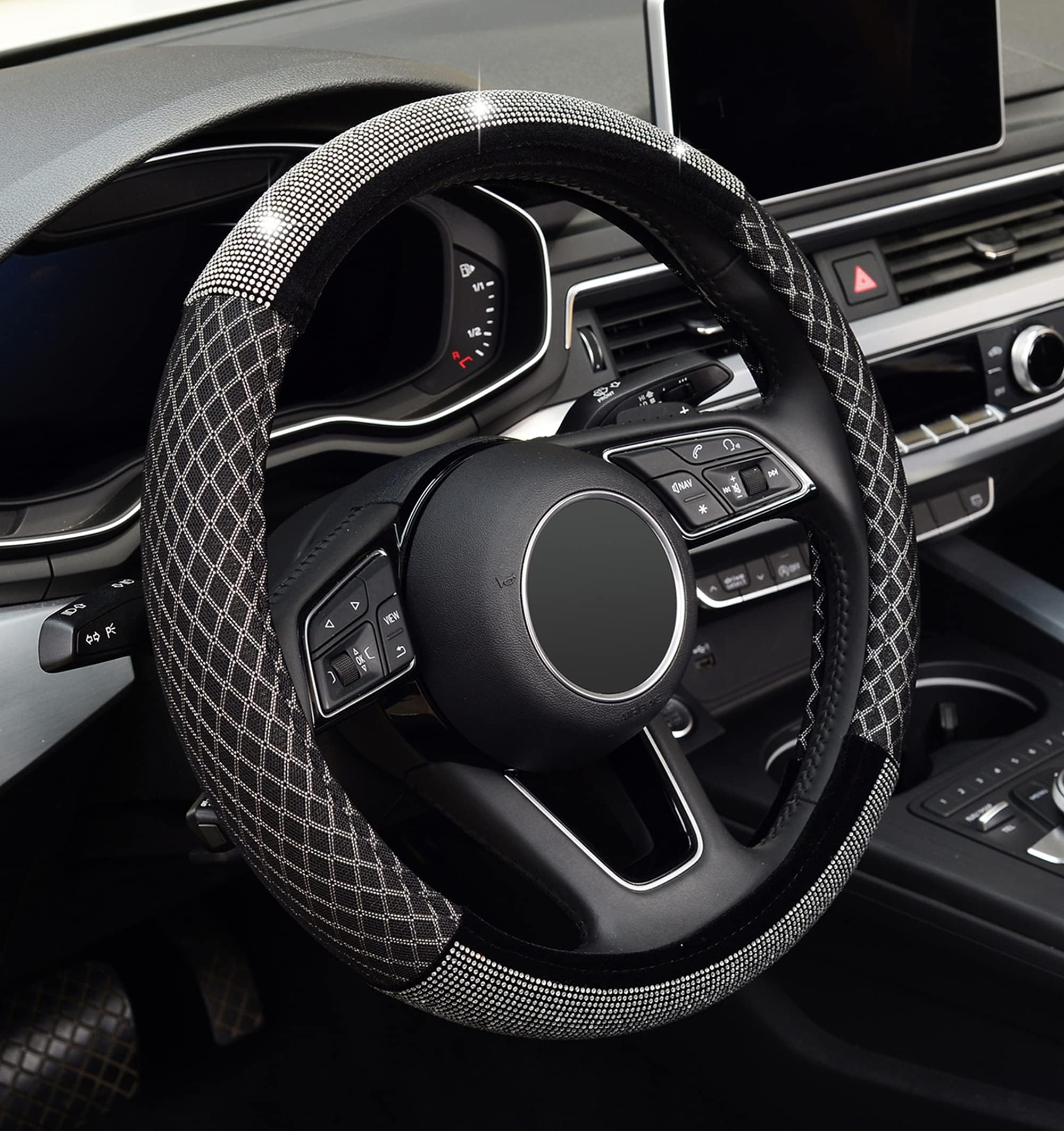 ZHOL Diamond Ice Silk Steering Wheel Cover with Bling Bling Crystals Rhinestones, Universal 15-inch Steering Wheel Covers for Women Men Anti-Slip Car Accessories, Black