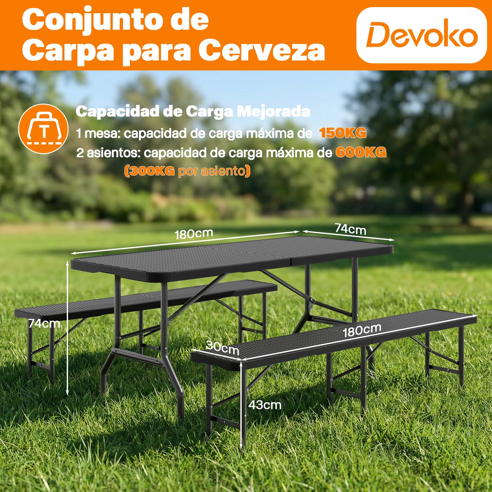 Devoko Juego de mesa y sillas plegables para camping, textura de tejido de ratán, construcción resistente, portátil y fácil de limpiar, se pliega para un almacenamiento compacto, ideal para playa