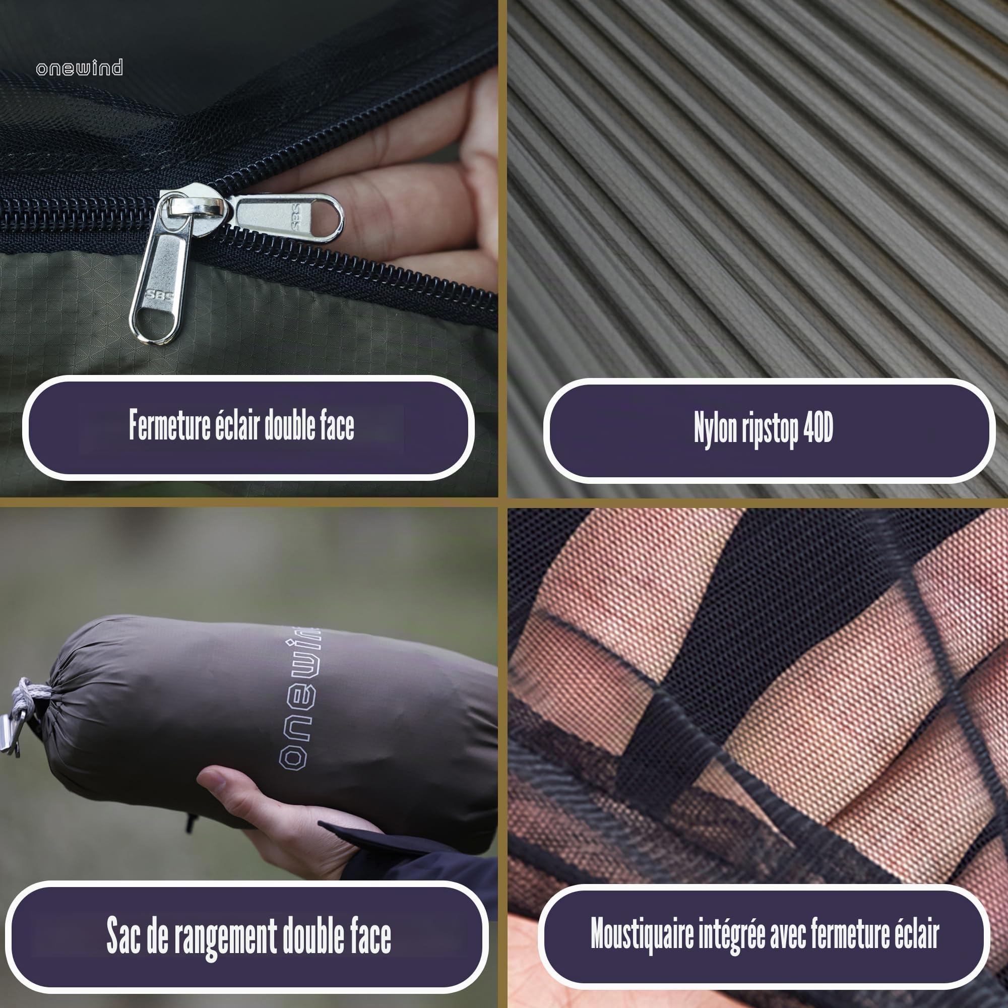 Onewind Hamac de camping de 3,4 m avec moustiquaire et structure Ridgeline, hamac double léger et portable avec sangles d'arbre de 3,7 m, idéal pour le camping, la randonnée, la randonnée, OD vert