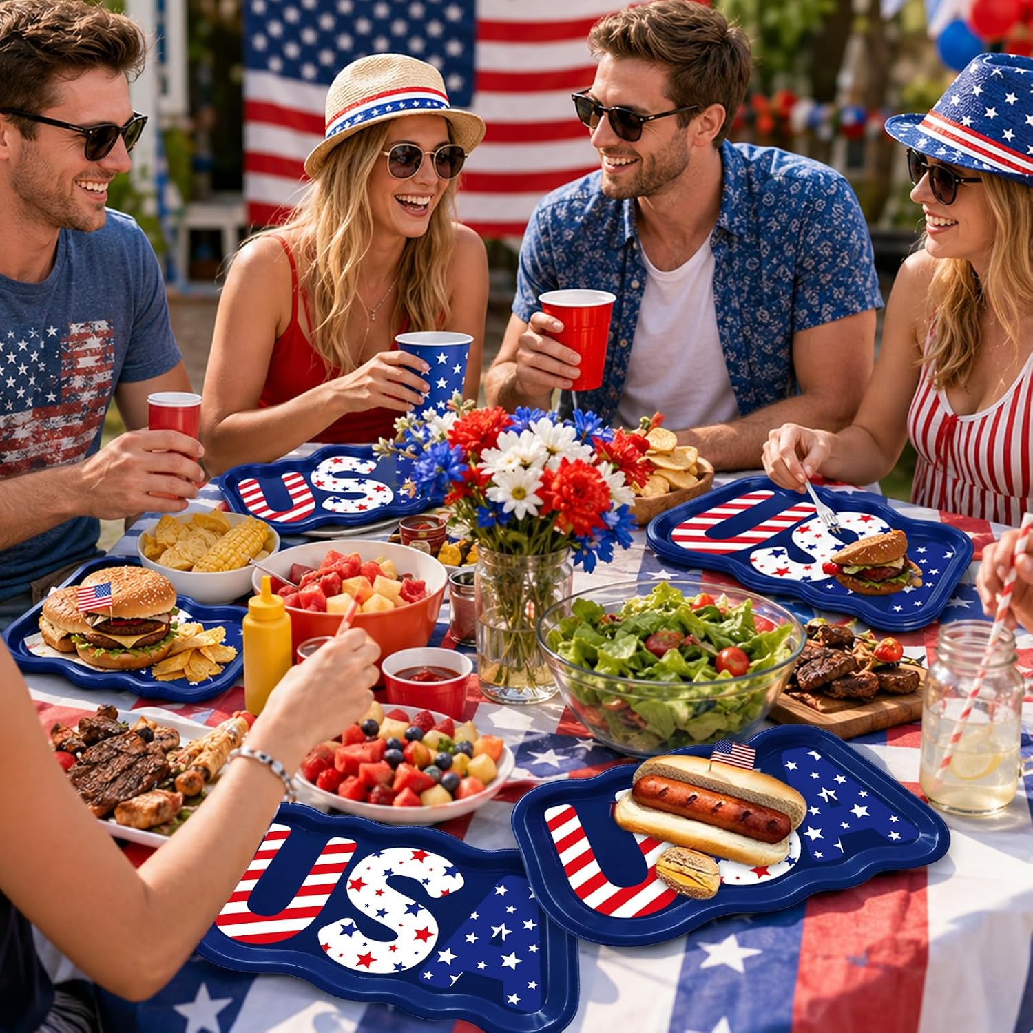 50PCS USA Shaped 4th of July Paper Plates American Patriotic Party Plate Set Independence Day Disposable Paper Tray Decorations Red Blue White USA Tableware for Veterans Memorial Day Decor Supplies