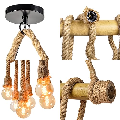 Miniatura 6 de Arturesthome Lámpara colgante de cuerda de cáñamo de 6 cabezas, accesorio de candelabros vintage de bambú para isla de cocina, lámpara colgante