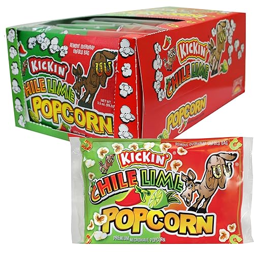 KICKIN' - Bolsas de palomitas de maíz para microondas Chile Lime Paquete de 12 El mejor regalo gourmet de palomitas de maíz picantes Es una gran