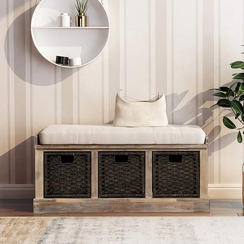 Miniatura 2 de Banco de almacenamiento para entrada banco de almacenamiento rústico con 3 cestas extraíbles banco de almacenamiento para zapatos con cojín