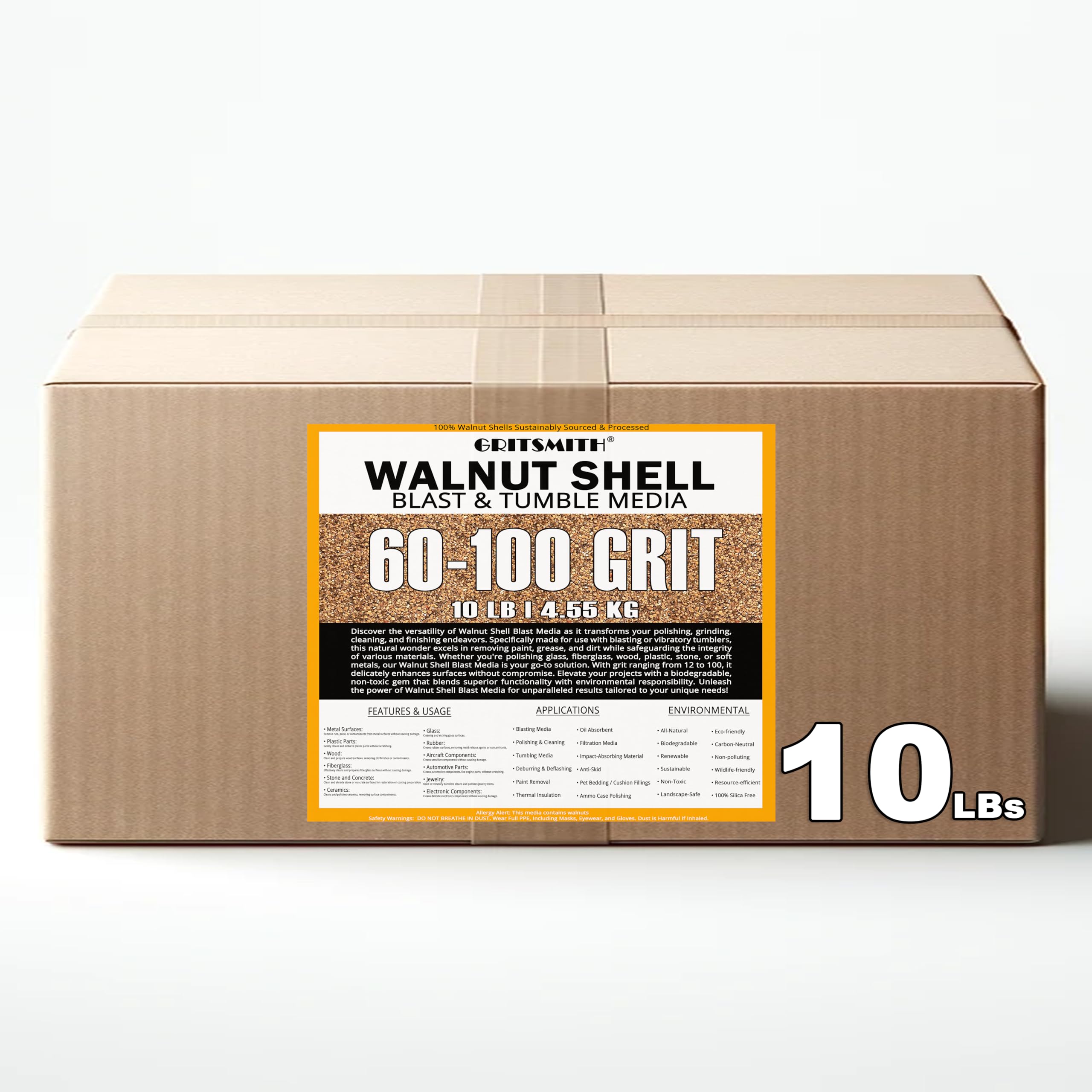 GRITSMITH 60-100 Grit Ground Walnut Shell Media (10 LBS / 4.55 KG) - Ultra Fine Grit for Tumbling, Blasting, Vibratory, Polishing, Deburring,