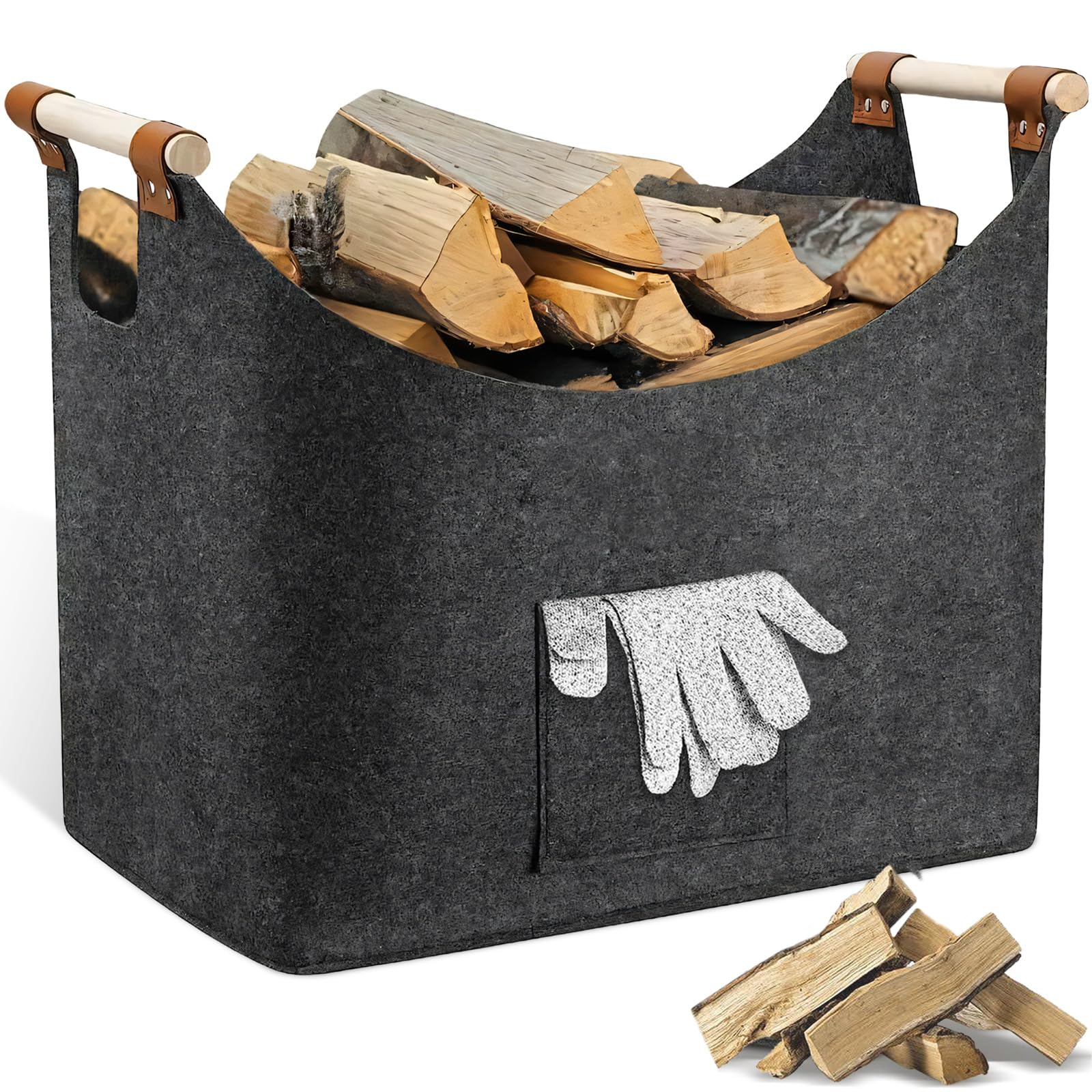 Thickened Felt Log Basket with Extended Wooden Handles, Extra Large Portable Foldable Firewood Storage Bag, Indoor & Outdoor Wood Burner Baskets for Fireplace, Newspaper, Shopping, Toys (Dark Gray)