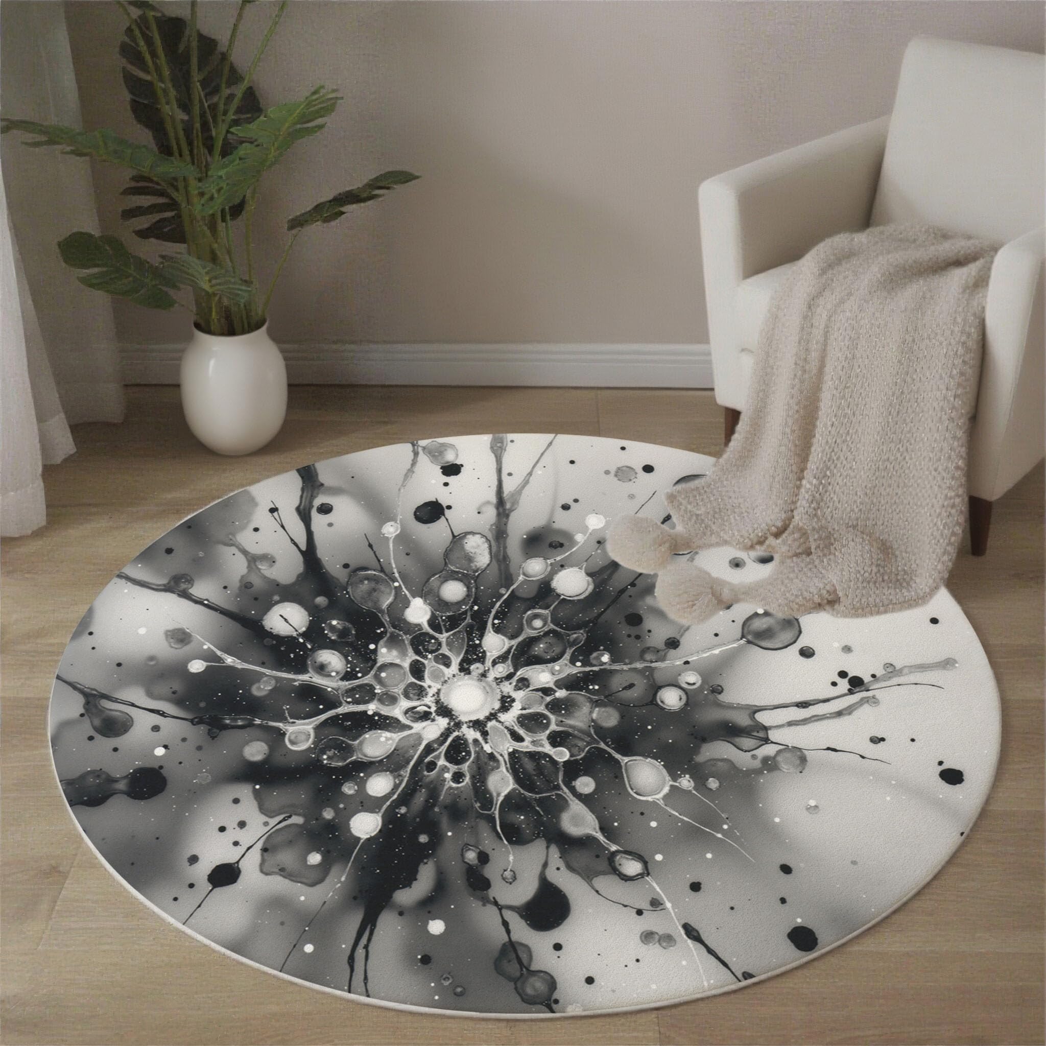 Tapis rond lavable style encre de fleurs pour décoration salon tendance