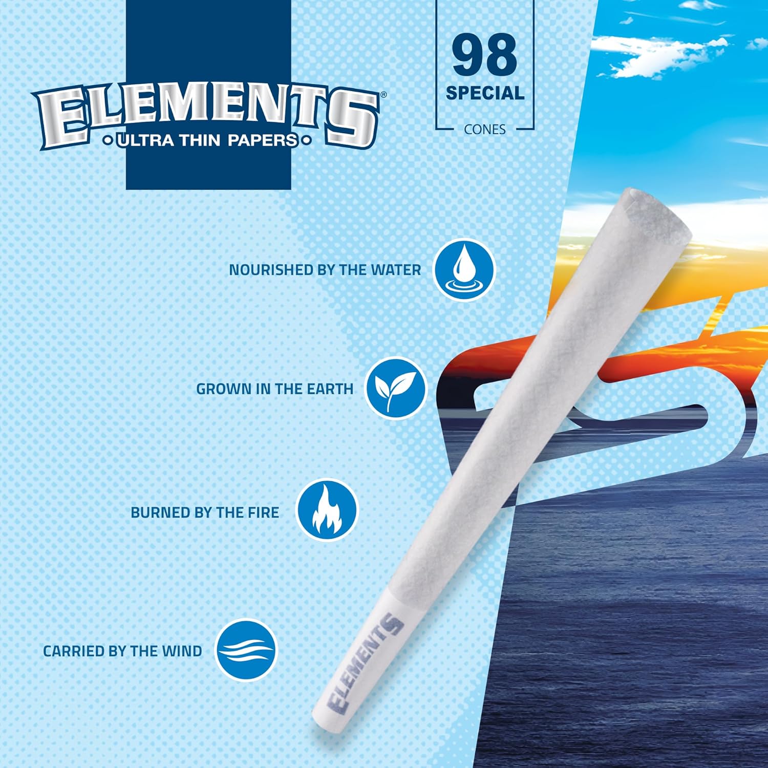 Elements Ultra Thin Rolling Paper Cones 98 Special - Pre Rolled with Tips and Packing Tubes Included - 100 Pack
