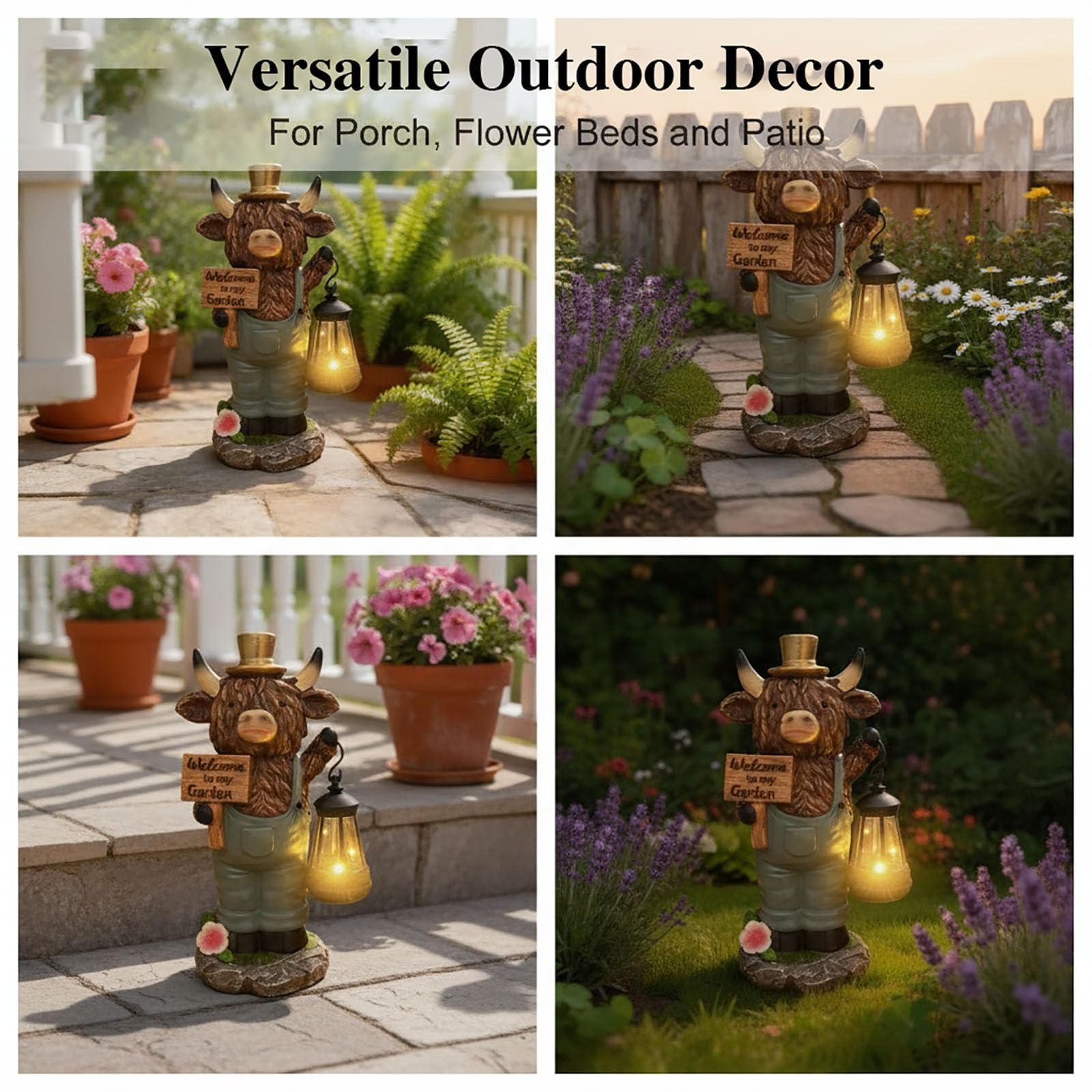 Zasilana energią słoneczną lampa ogrodowa Highland Bull, 15 cm, statuetka krowy z latarnią, wodoodporna rzeźba zwierząt na podwórko, patio, dekoracja trawnika