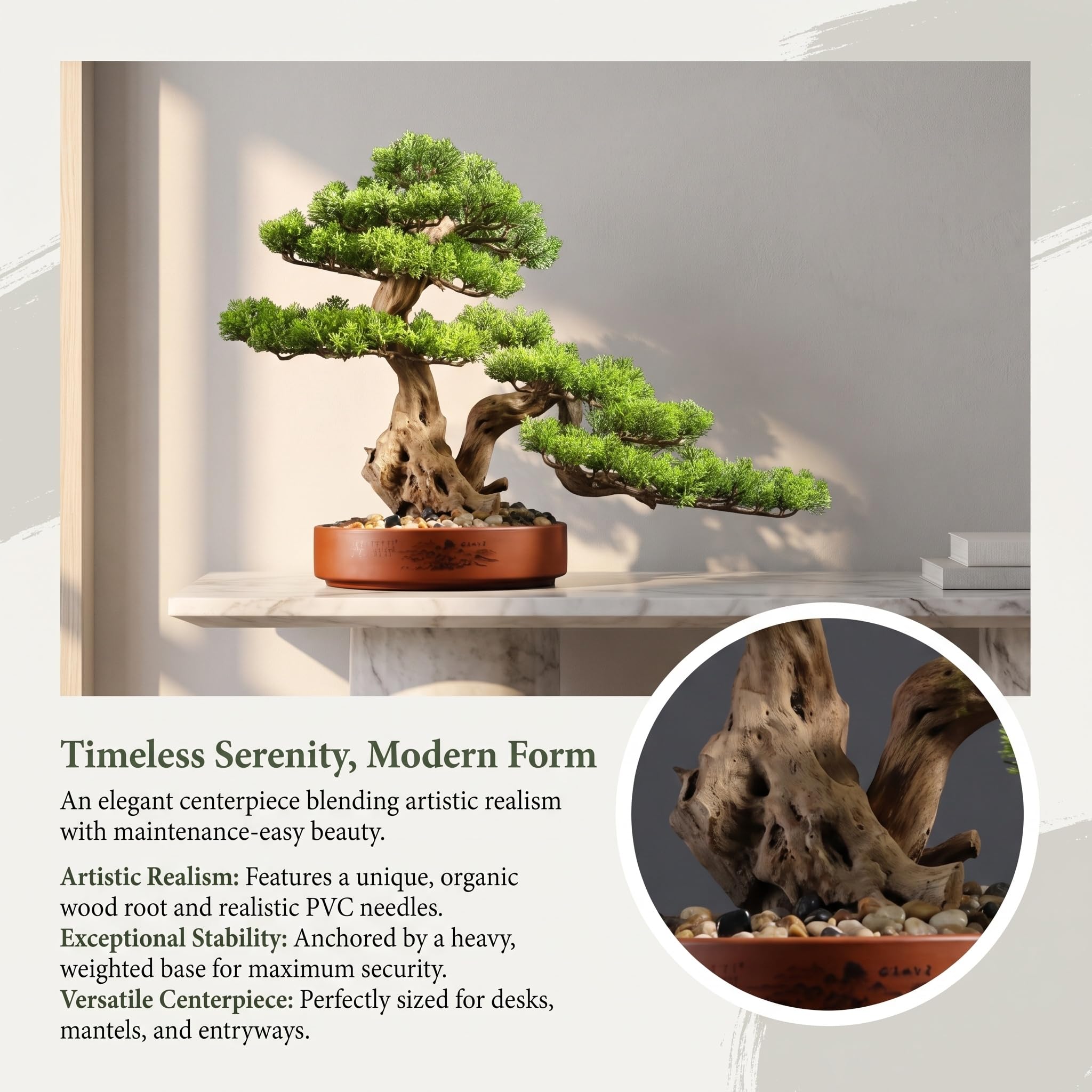 Grande Bonsai Artificiale con Radici in Vero Legno - Pianta Decorativa di Pino Finto per La Casa E Lufficio, Perfetta per Il Soggiorno E La Scrivania. E 23.6in(60cm)