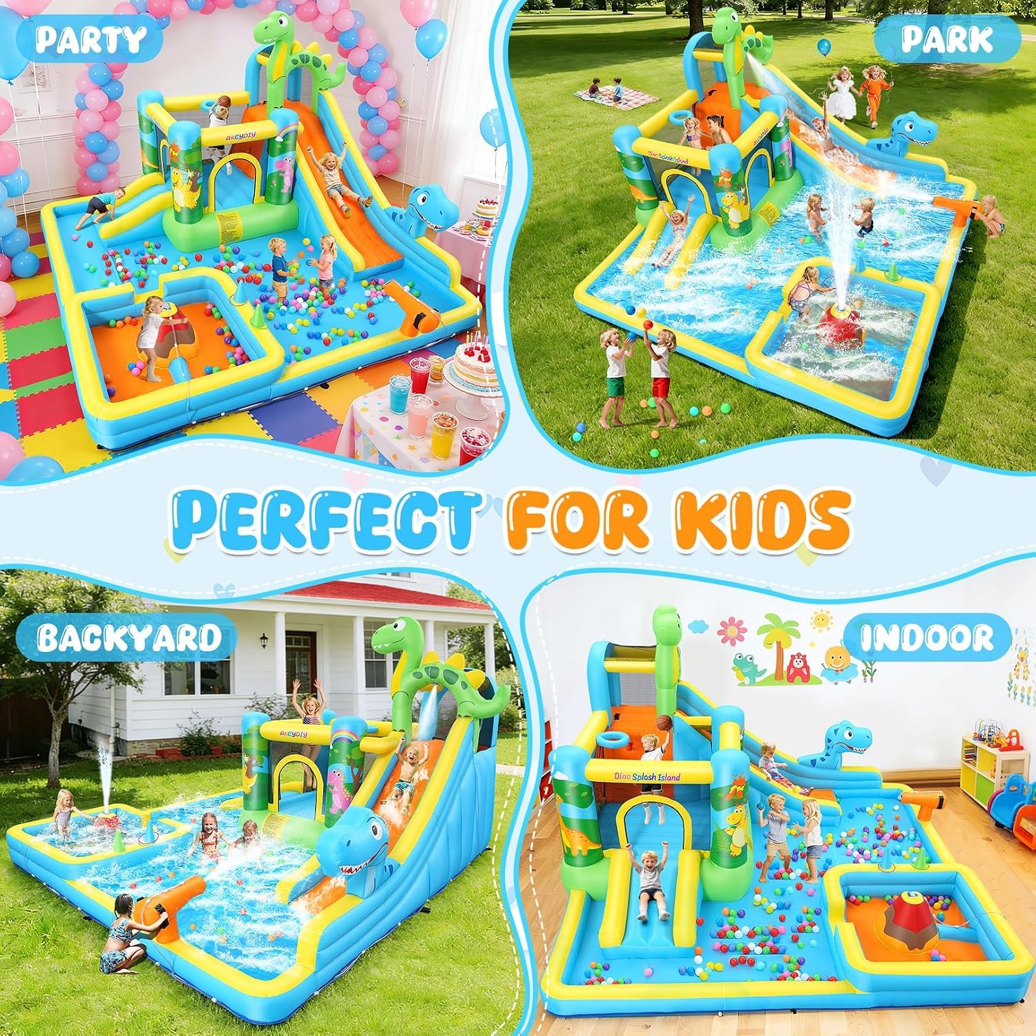 AKEYDIY Scivolo d'acqua gonfiabile, 13 in 1, parco acquatico con dinosauri per bambini dai 3 ai 12 anni, con due grandi piscine per bambini, scivolo lungo, gioco di lancio ad anelli, cannone ad acqua