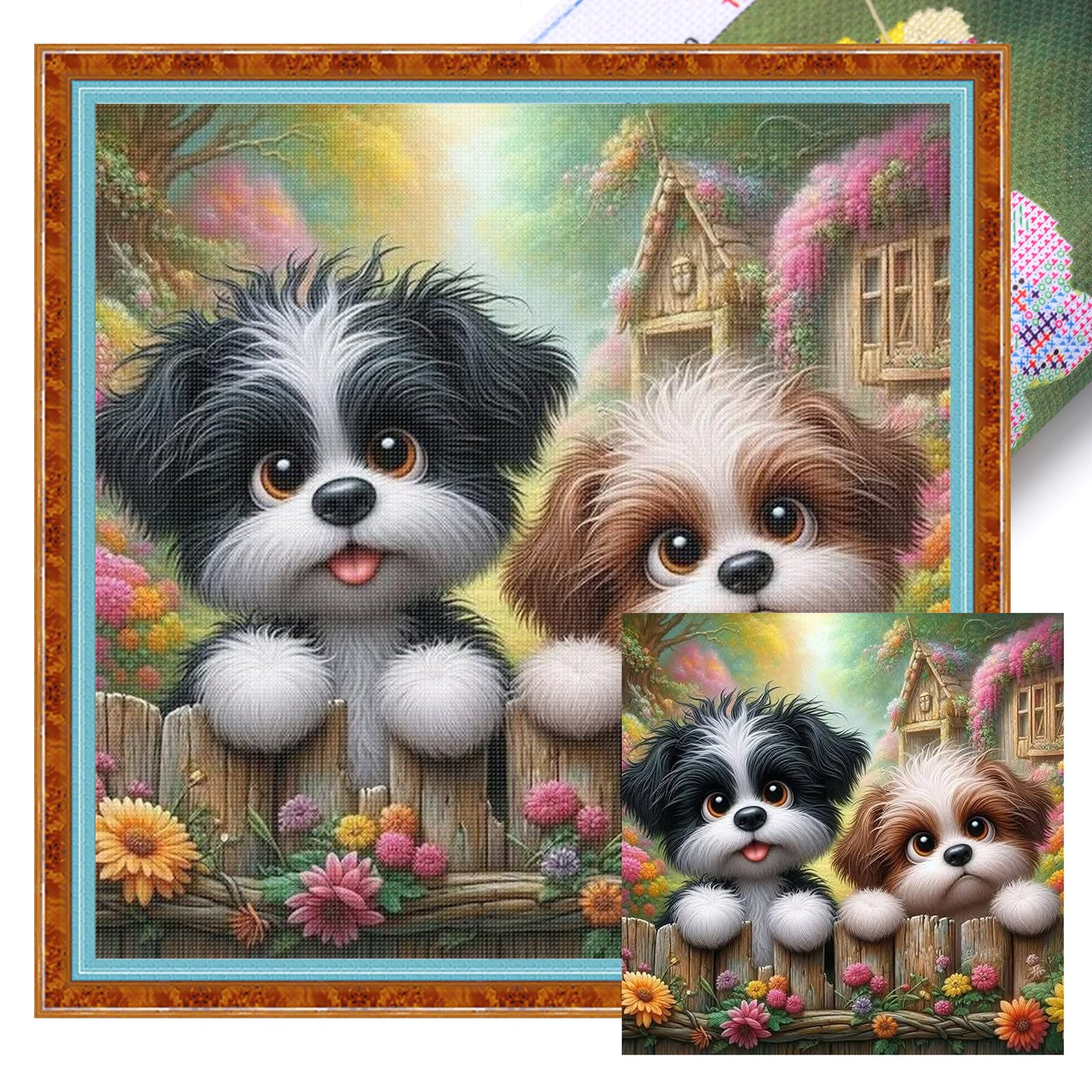 Poetrydraw Shih Puppies Shih Tzu Garden Fence Full 11Ct Diy Stamped Cross Stitch Kits 45X45cm Home Decor (Shih Puppies)