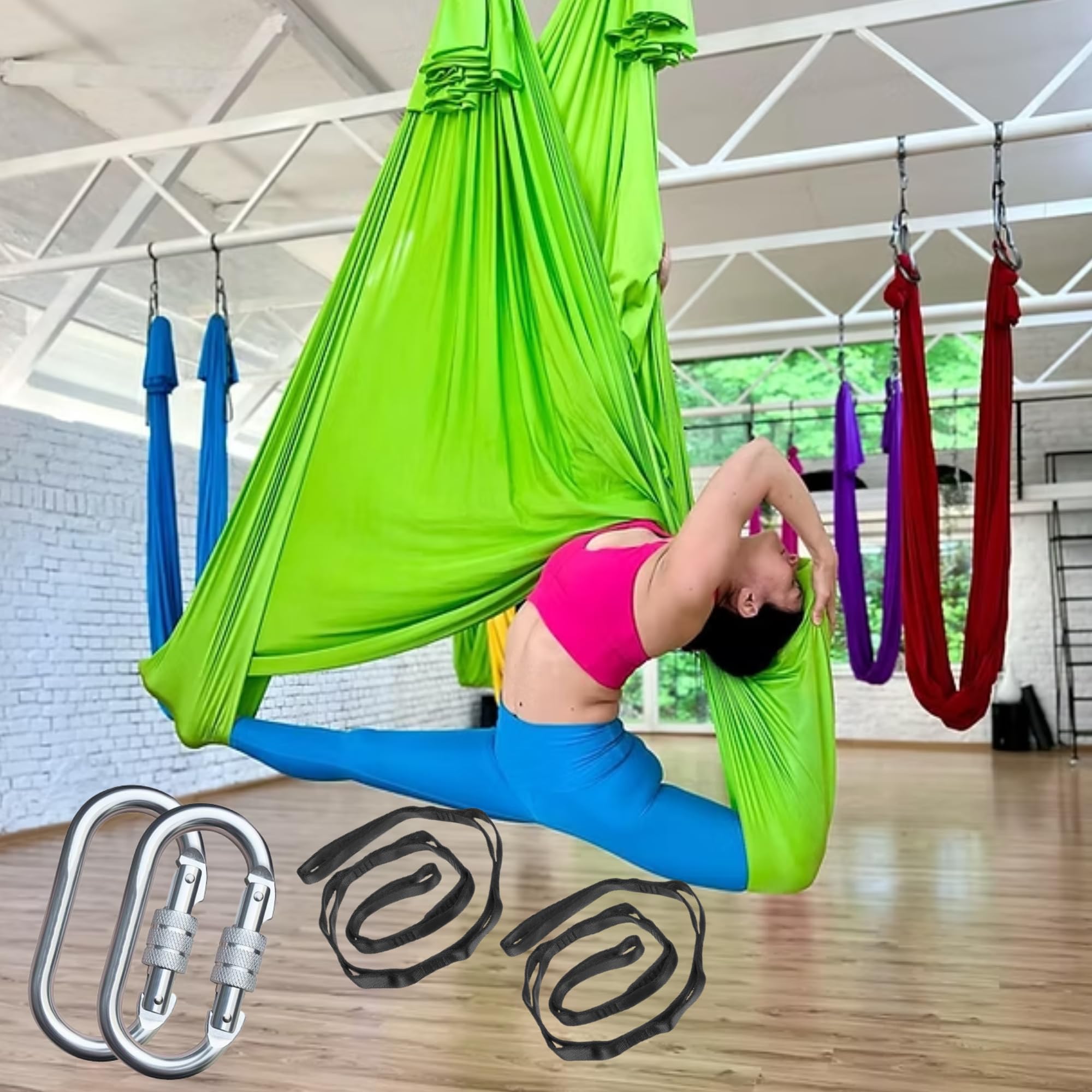 OKO Aerial Yoga Aerial Hammock Silk Yoga Swing for Antigravity Yoga, Inversion Exercises, Improved Flexibility & Core Strength - Extension Straps, Carabiners (Green)-image-8