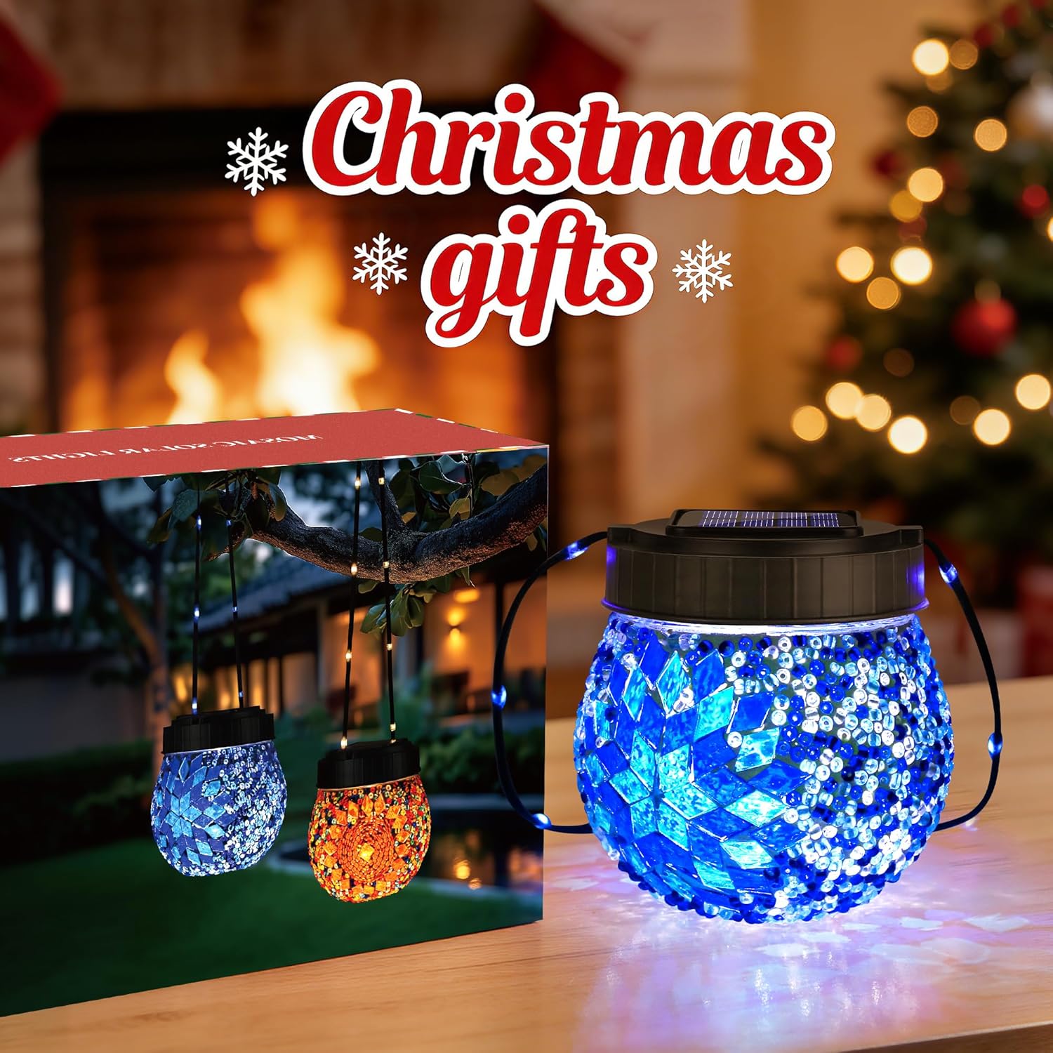 Mosaic Solar Lights Outdoor 6 Pack, Solar Hanging Lanterns Christmas Halloween Gifts for Women Mom Grandma, Waterproof Glass Globe Lights, Garden Patio Decor for Yard, Tree, Balcony, Cold - Image 2