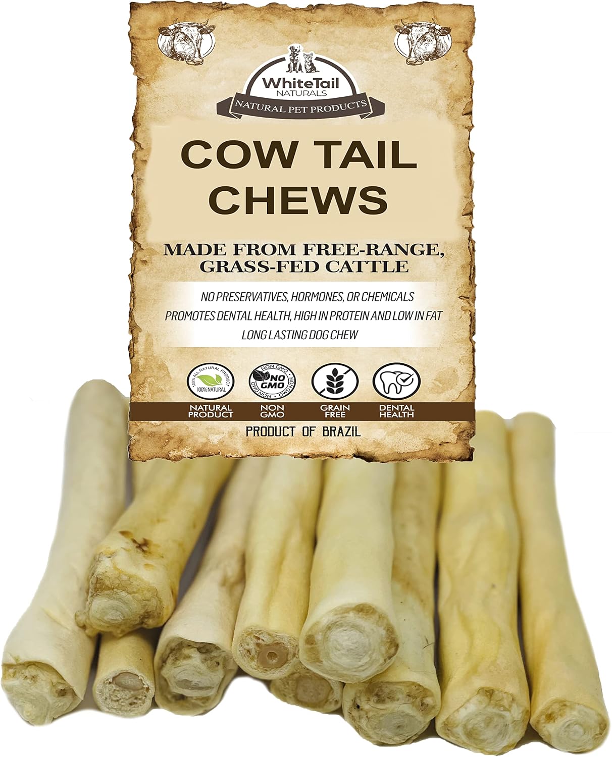 WhiteTail Naturals - Dried Cow Tails for Dogs (10 Pack) - Natural Dog Chew Bully Chews- Digestible Dog Training Chew Treat - Grain Free…