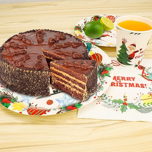 Vista 4 de Juego de 175 piezas desechables para fiestas de Navidad, vajilla de fiesta de feliz Navidad, platos de papel y servilletas para 25 invitados