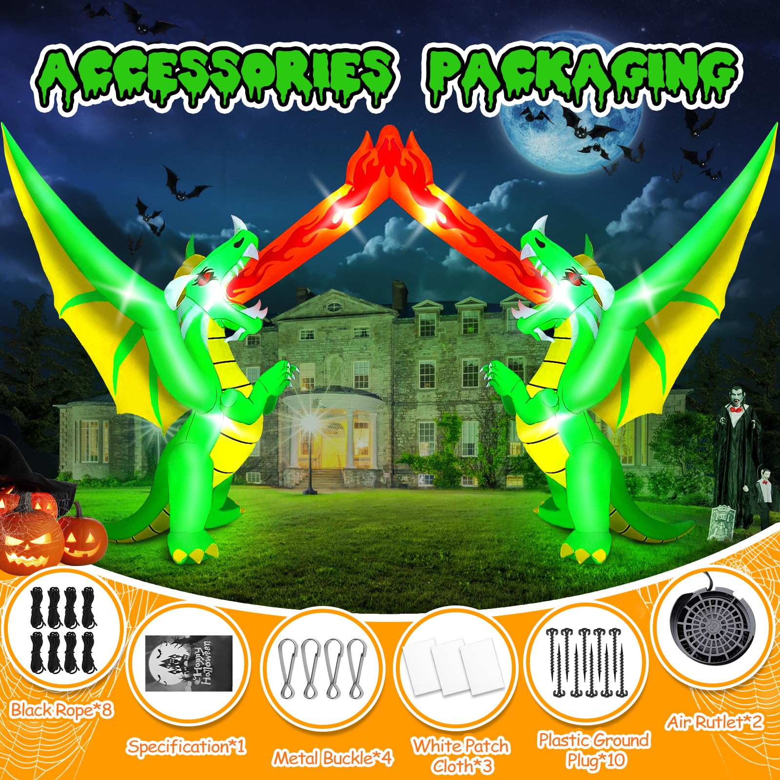 Kalolary Arco inflable de Halloween de 14 pies para decoración al aire libre, arco de dragón que respira fuego con LED integrados para decoración de interiores, fiestas, jardín, césped (arco de dragón
