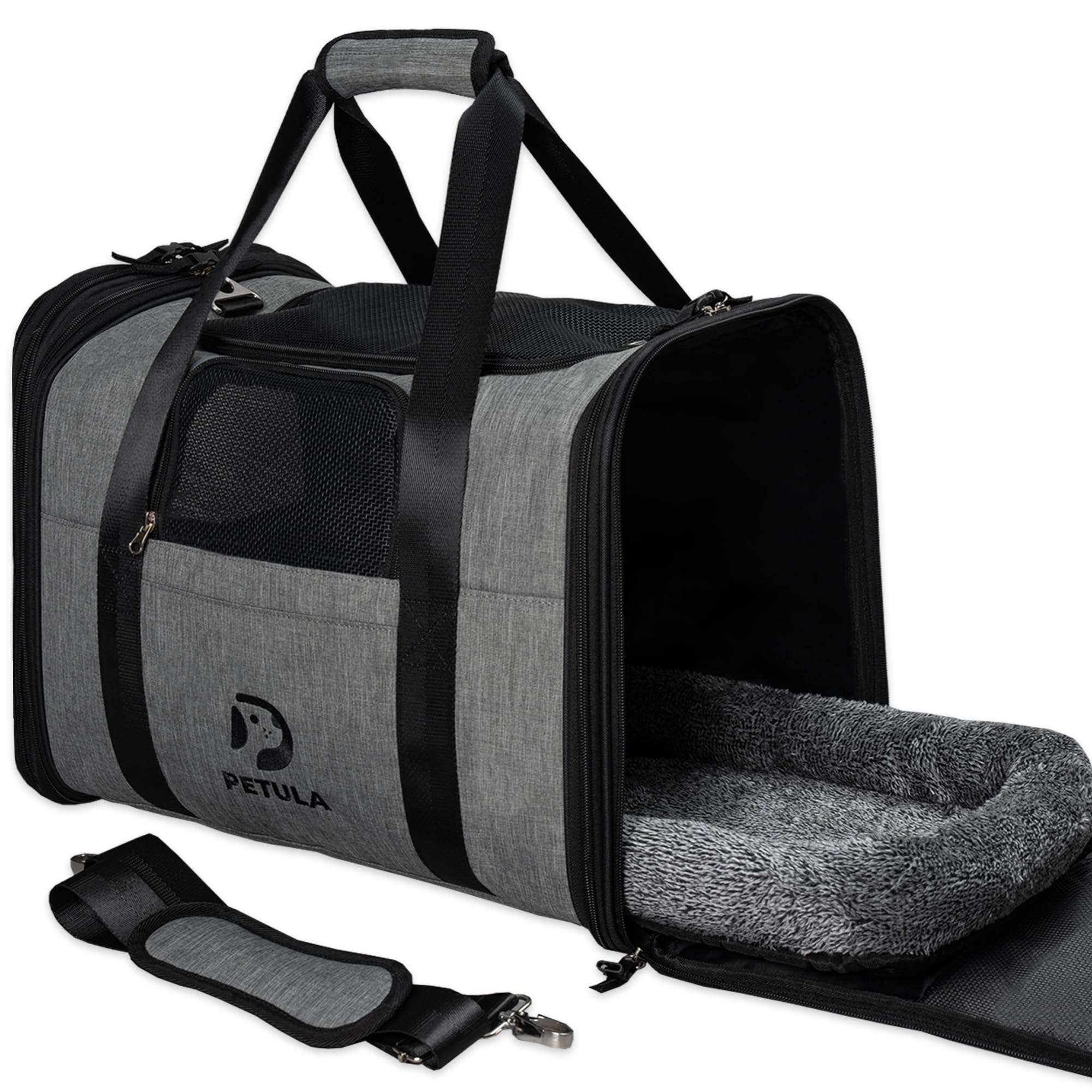 Petula Katzentasche & Hundetasche – Faltbare Transporttasche für Katzen & kleine Hunde bis 13 kg – Formstabil, mit Innenmatte, Belüftung, Tiertransporttasche, Transportbox (Grau)