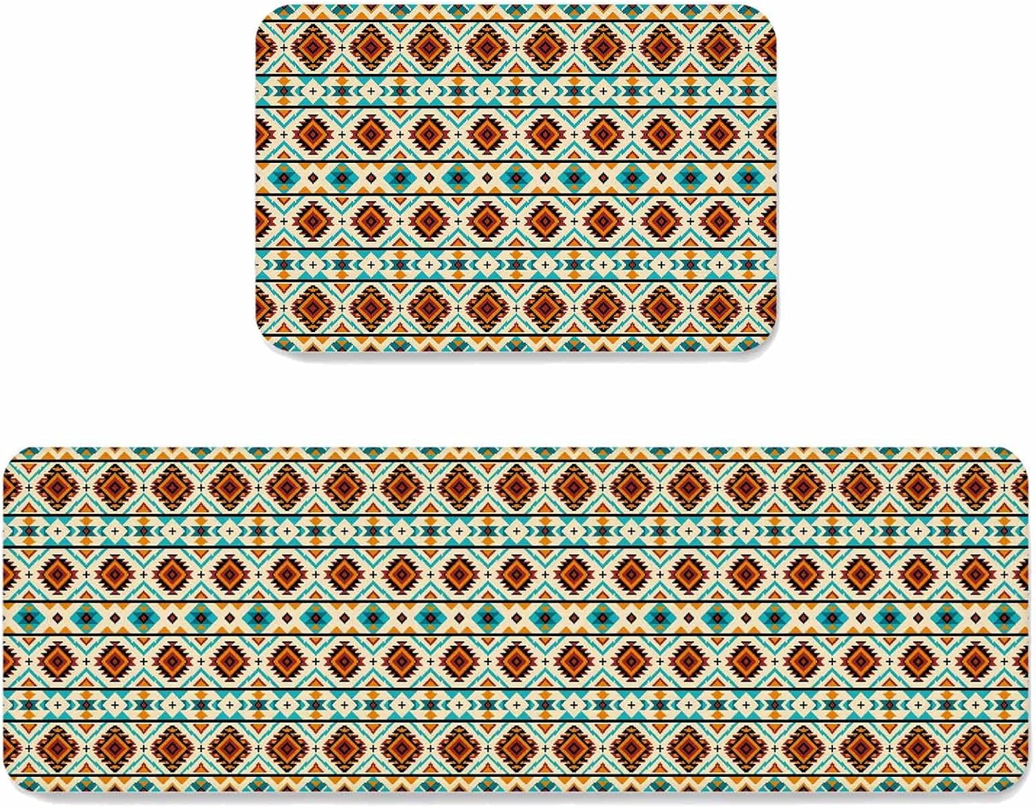 Prime Leader Bohemian Kitchen Mat Set 2 Pieces Teal and Brown Southwestern Aztec Geometric Stripes Non Slip Kitchen Rugs Washable Runner Rug Mats for Sink Laundry (15.7" x 23.6"+15.7" x 47.2")