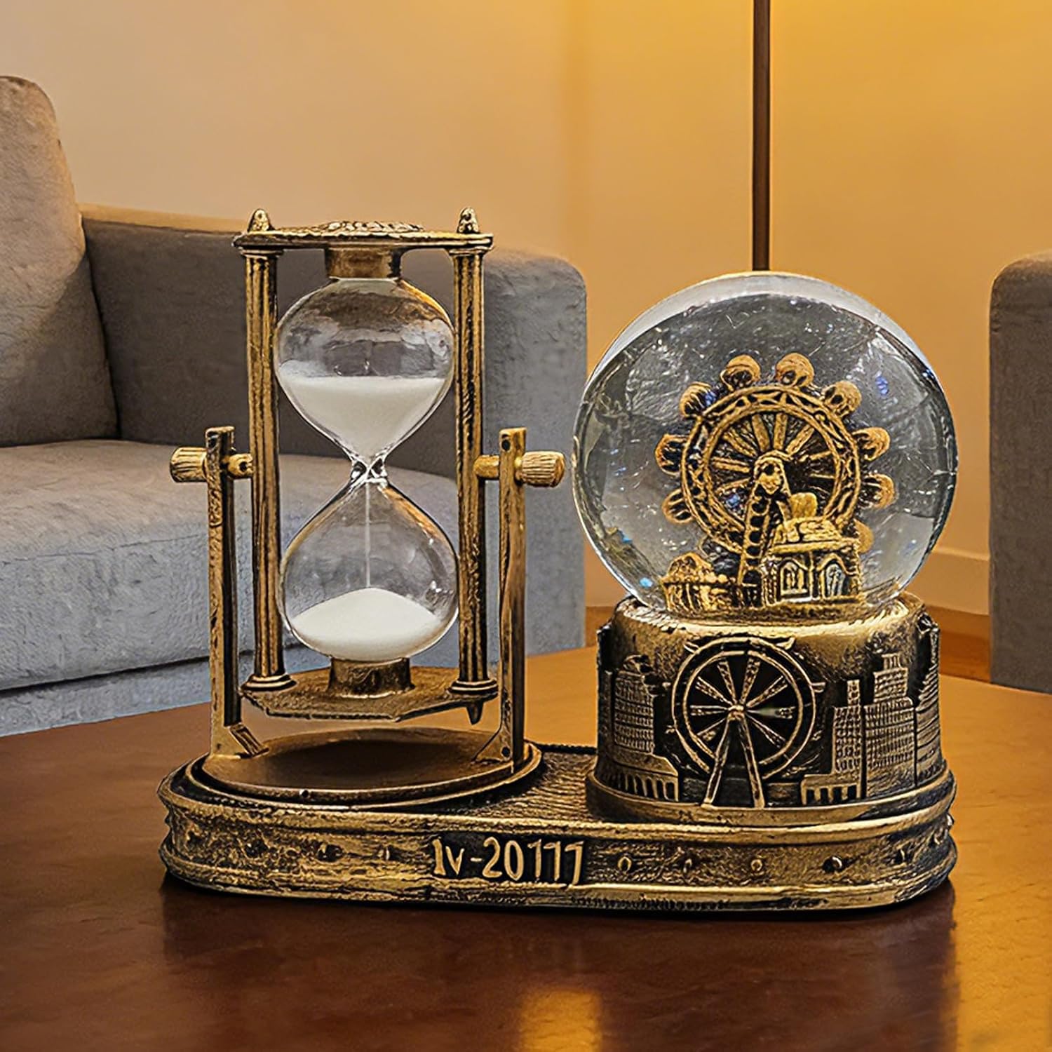 LED Crystal Snow Globe with Hourglass Sand Timer, Musical Antique Snow Globe Music Box, Ferris Wheel Decoration for Book Shelf Cabinet Living Room - Image 2