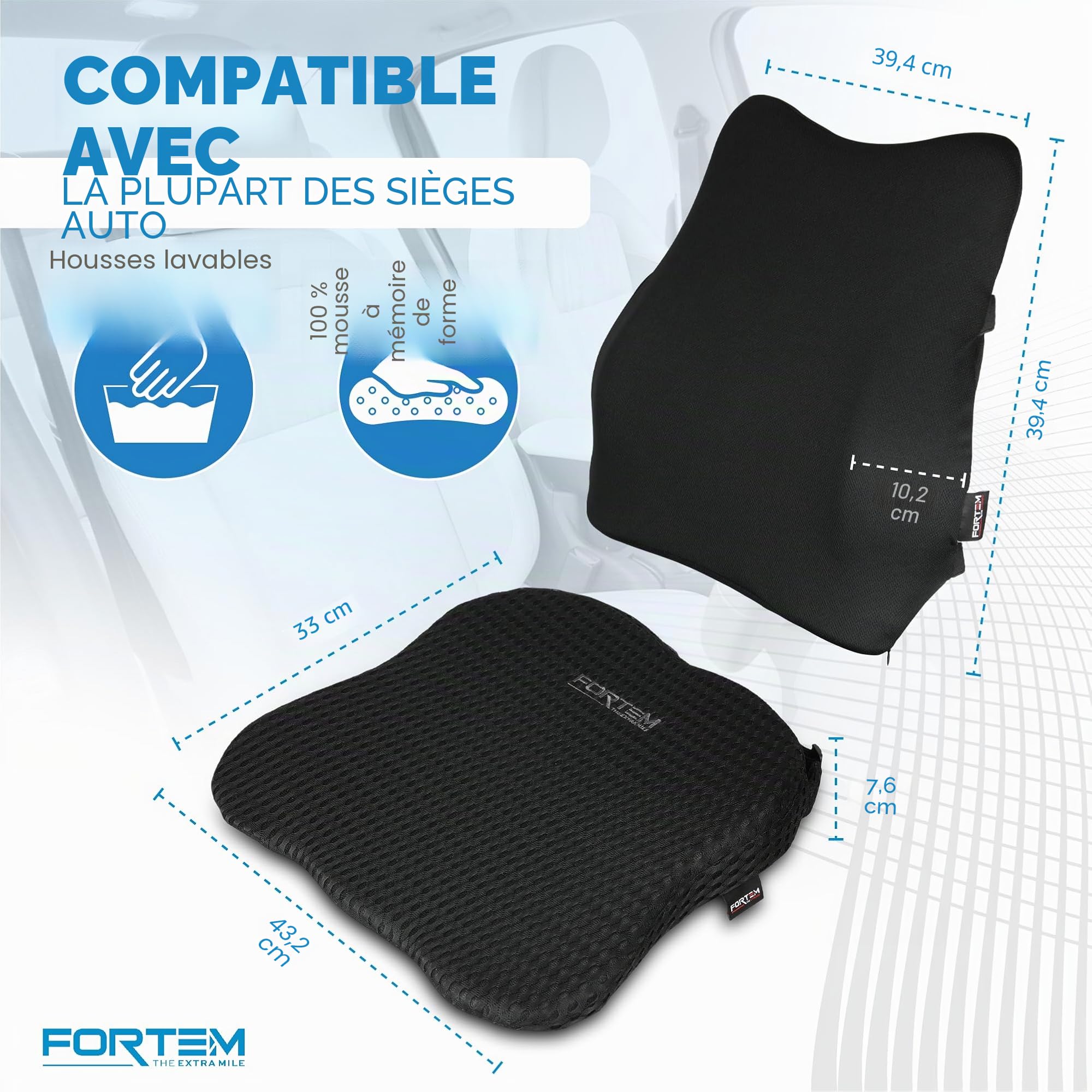 FORTEM Coussin de Siège Auto avec Soutien Dorsal, Mousse à Mémoire de Forme, Confort pour la Conduite, Base Antidérapante, Sangles Réglables, Housse Lavable