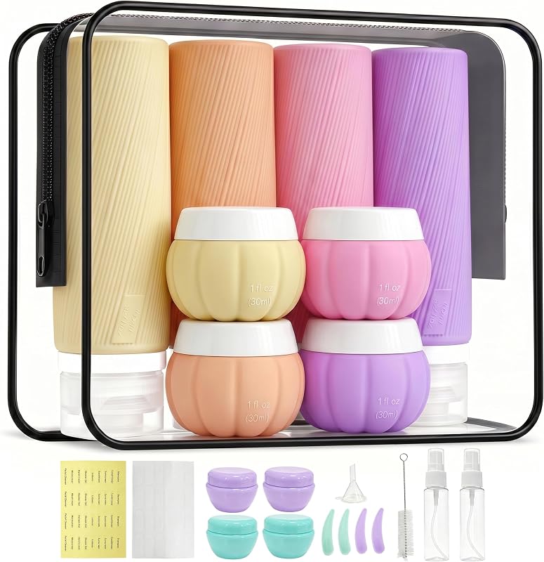 Kit Ruinovate com 23 frascos e potes reutilizáveis para viagem, silicone e boca larga
