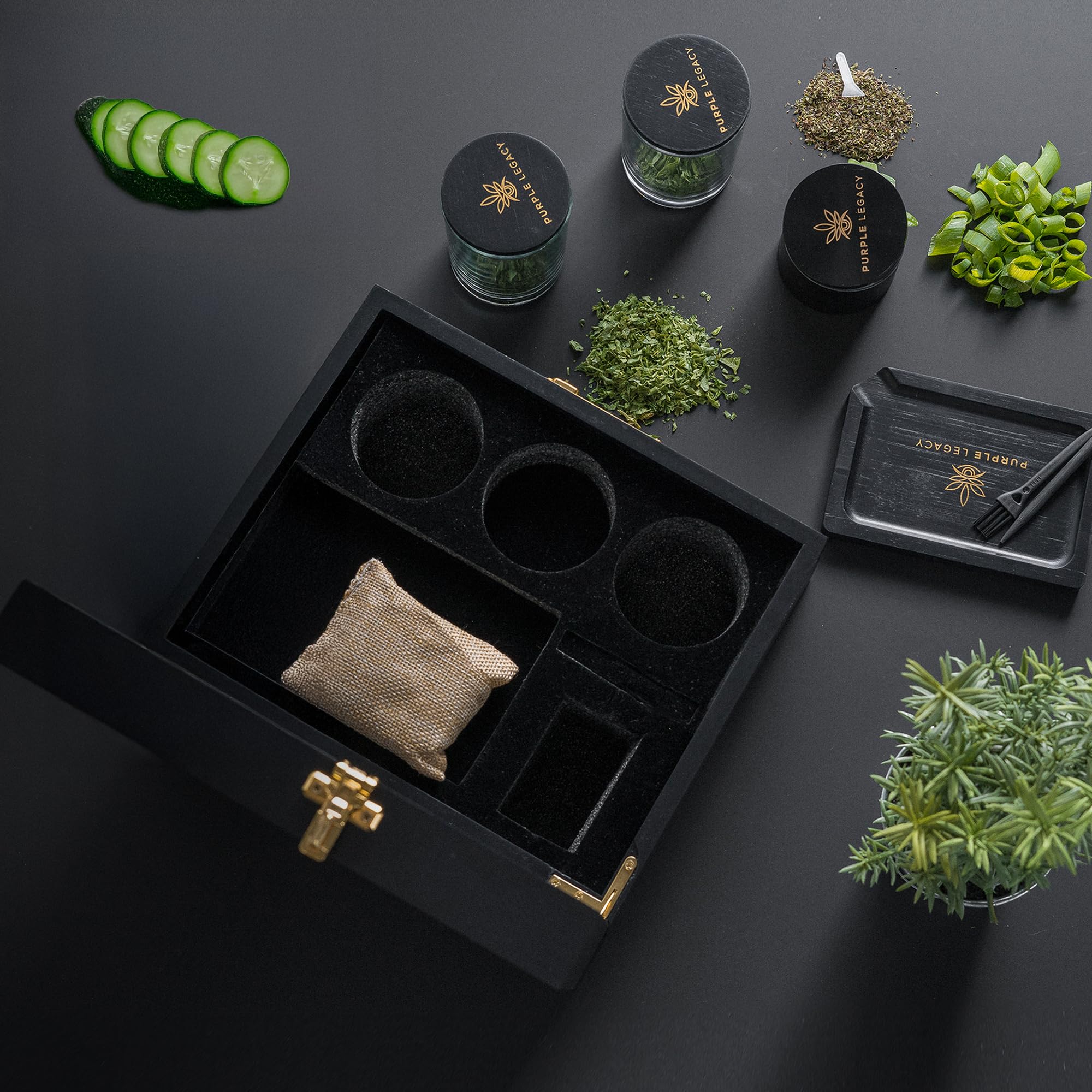 PURPLE LEGACY ® Grinder Set Box Afsluitbare doos Set met accessoires voor gedroogde kruiden Dennenhouten opbergdoos met 2x glazen brekerset cadeauset opbergdoos met slijpslot groot