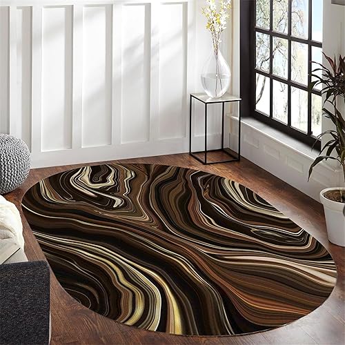 Alfombra ovalada abstracta de mármol marrón de 4 x 5 pies, alfombra moderna minimalista de decoración artística con respaldo antideslizante y