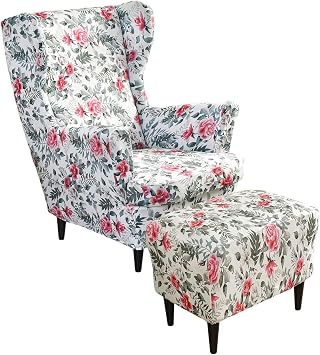 2-Piece Wing Chair Cover with Ottoman Slipcover, Beige/Green/Pink/Blue Armchair Covers Stretch Chair Cover with Armrest Washable Slipcovers,A